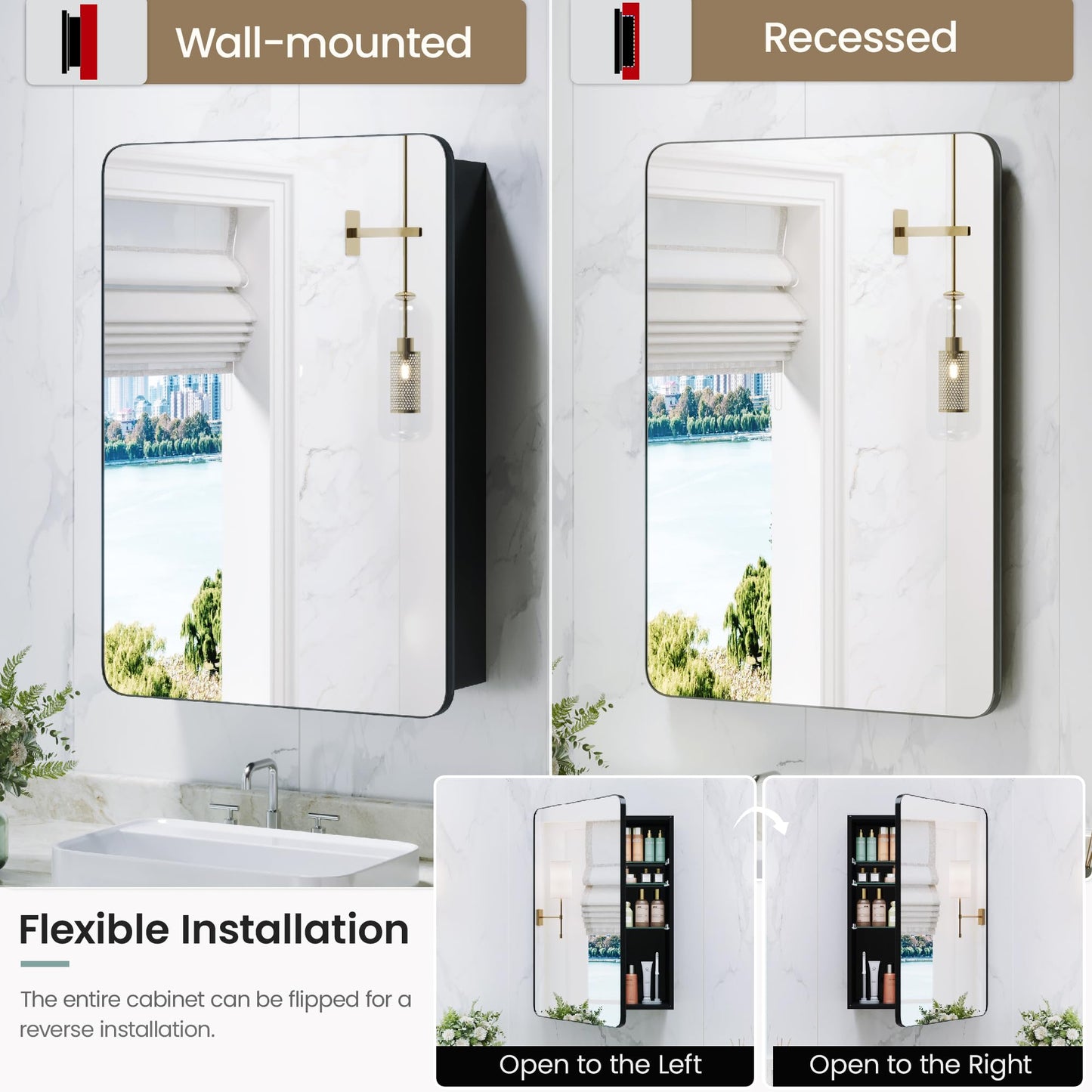 GoTiling Bathroom Medicine Cabinet with Mirror, 20x30 Inch Recessed or Surface Mount Wall Organizer, Fits Tall Bottles, 6 Adjustable Glass Shelves, Soft Close DTC Hinges, Matte Black, Pre-Assembled