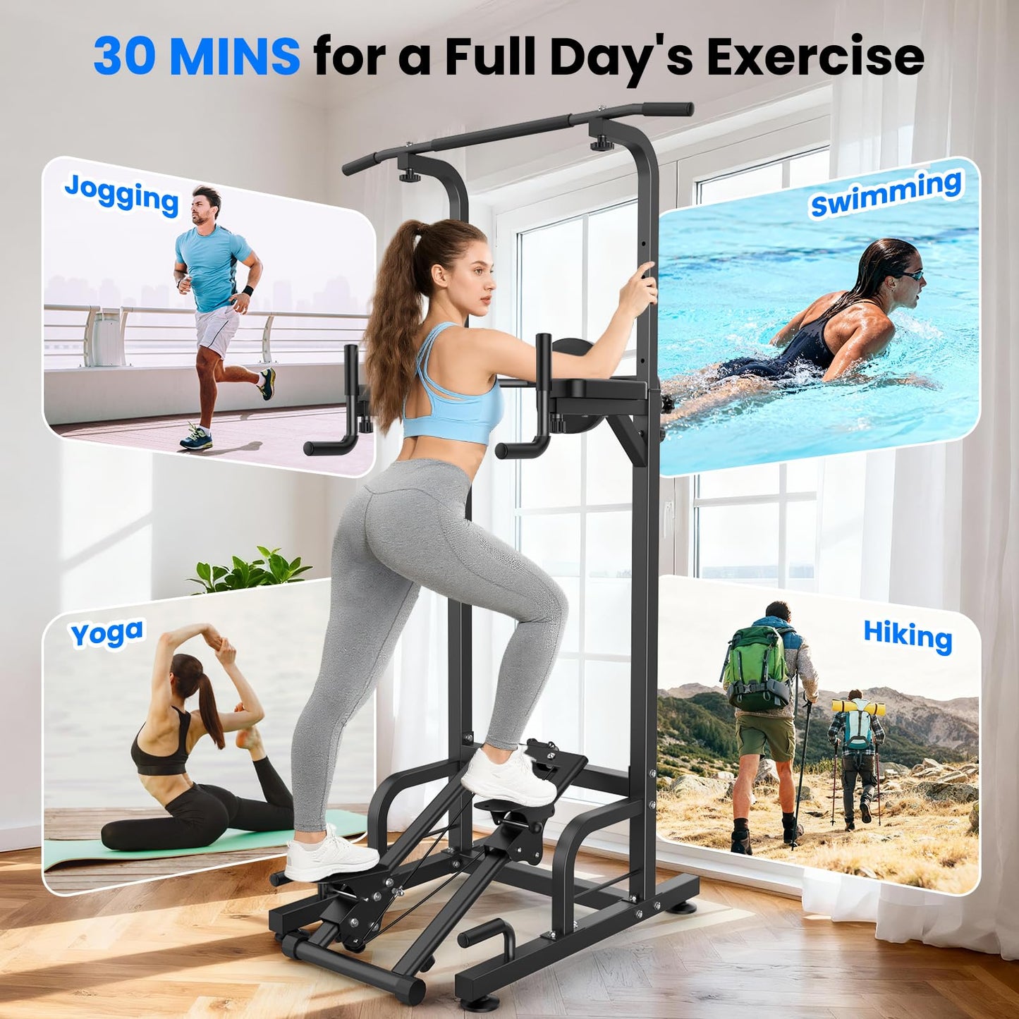 RELIFE REBUILD YOUR LIFE Power Tower Pull Up Bar Station Workout Dip Station for Home Gym Strength Training Fitness Equipment (Black-01)