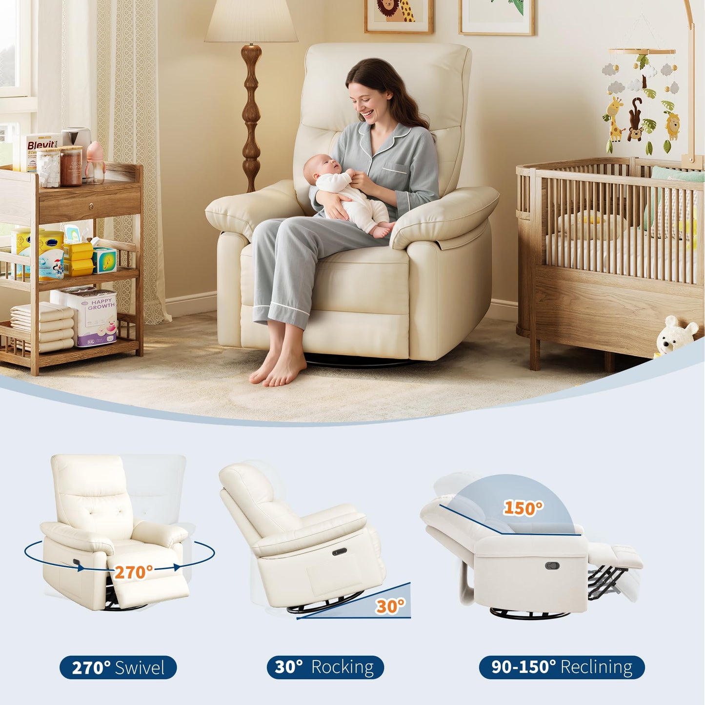 GAOMON Swivel Rocking Recliner Chair, Manual Leather Recliner Glider with Lumbar Support & Padded Armrest, Comfortable Rocker Nursery Single Sofa for Living Room and Bedroom (Off White)