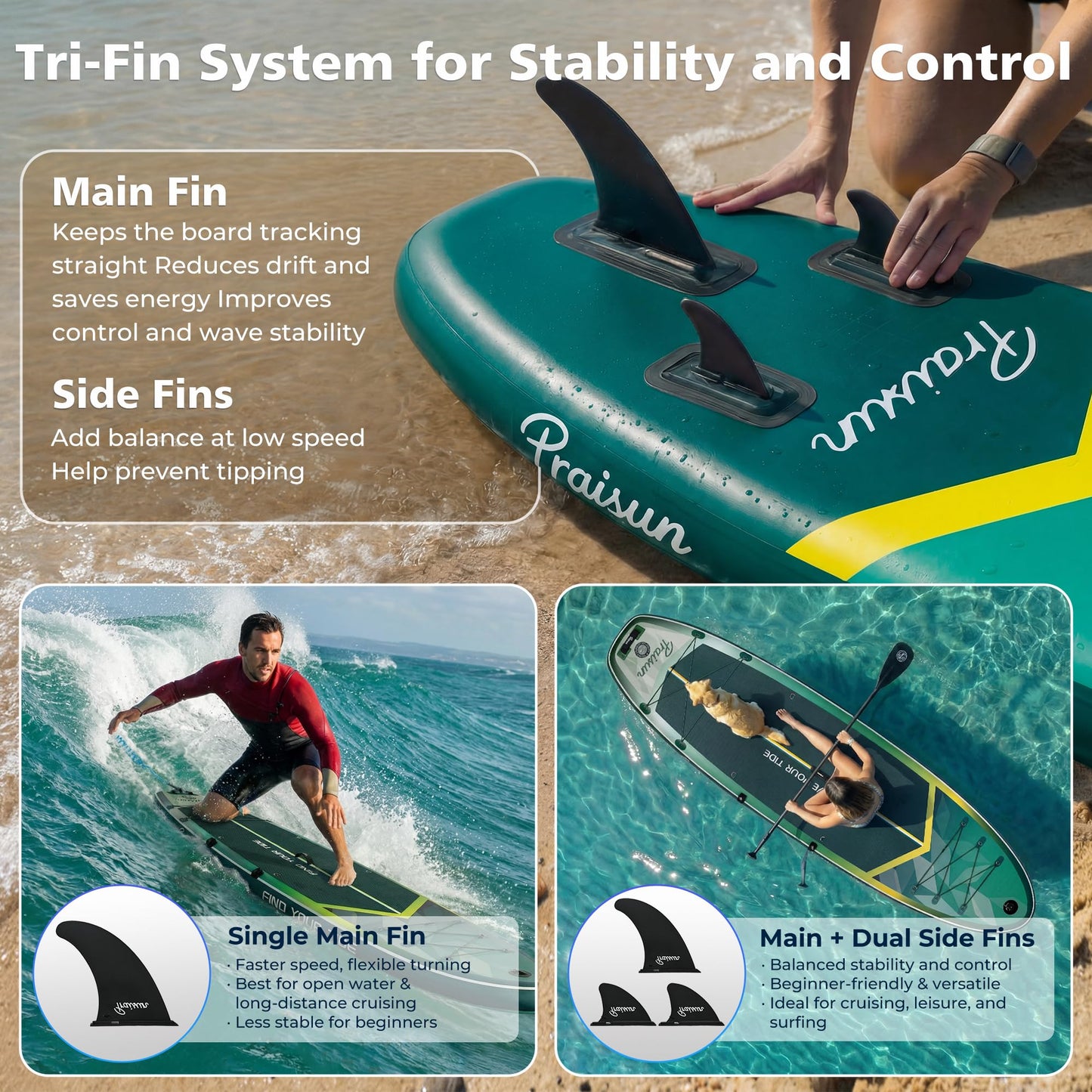PRAISUN 12’ x 35” Inflatable Paddle Board, 450lbs Extra Wide Stand Up Paddleboard for Youth/Adults of All Skill Levels, Stable SUP with Seat & Full Kit, for Fishing, Yoga, Lake & Ocean, Green
