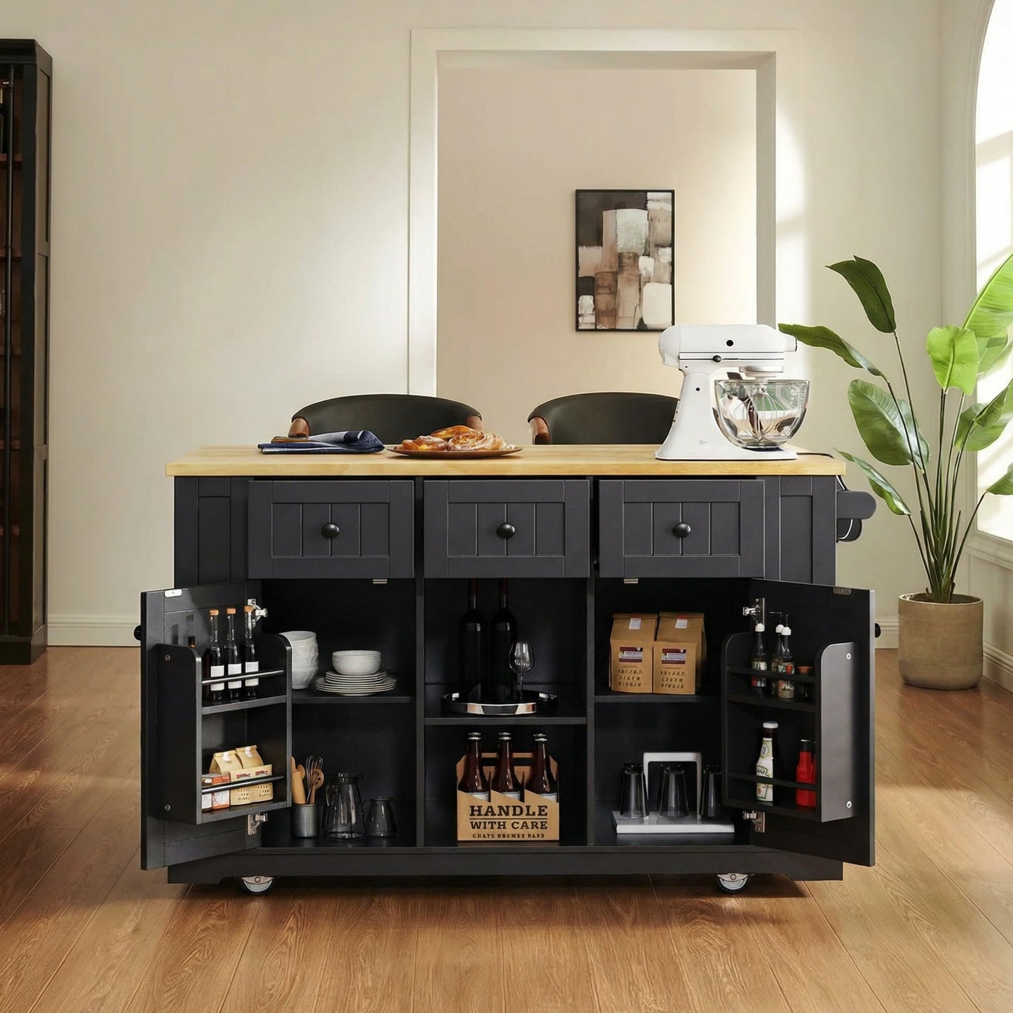 Merax 53" Large Kitchen Cart Storage Island on 5 Wheels with Drop Leaf,Power Outlet,Internal Rack for Kitchen Dining Room