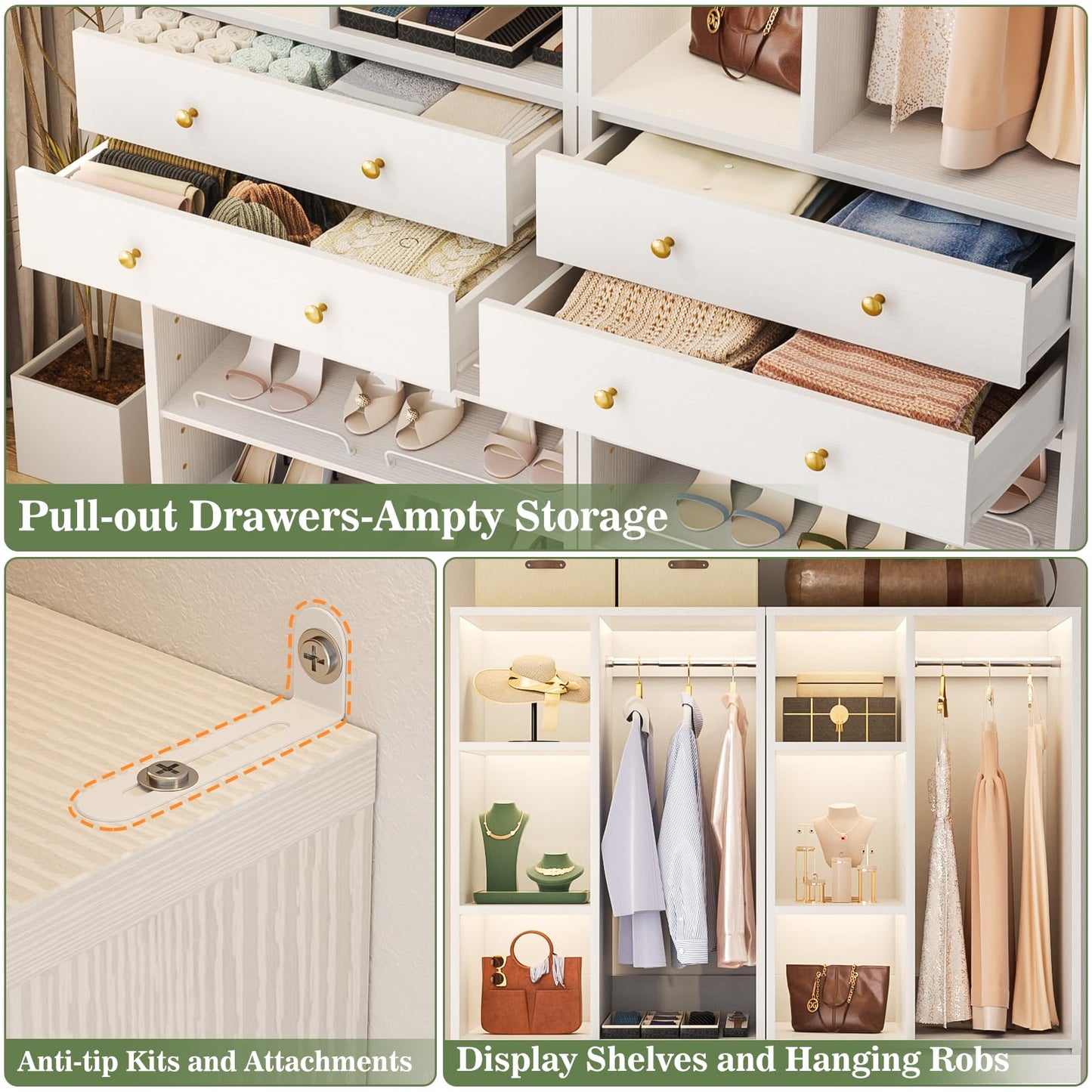Besiost Closet System with 4 Drawers & Corner Tower, Closet Organizer System with 4 Hanging Robs, Reversible U Shaped Walk-in Closet System, Load 2600+LBS Capacity, Set of 4, White