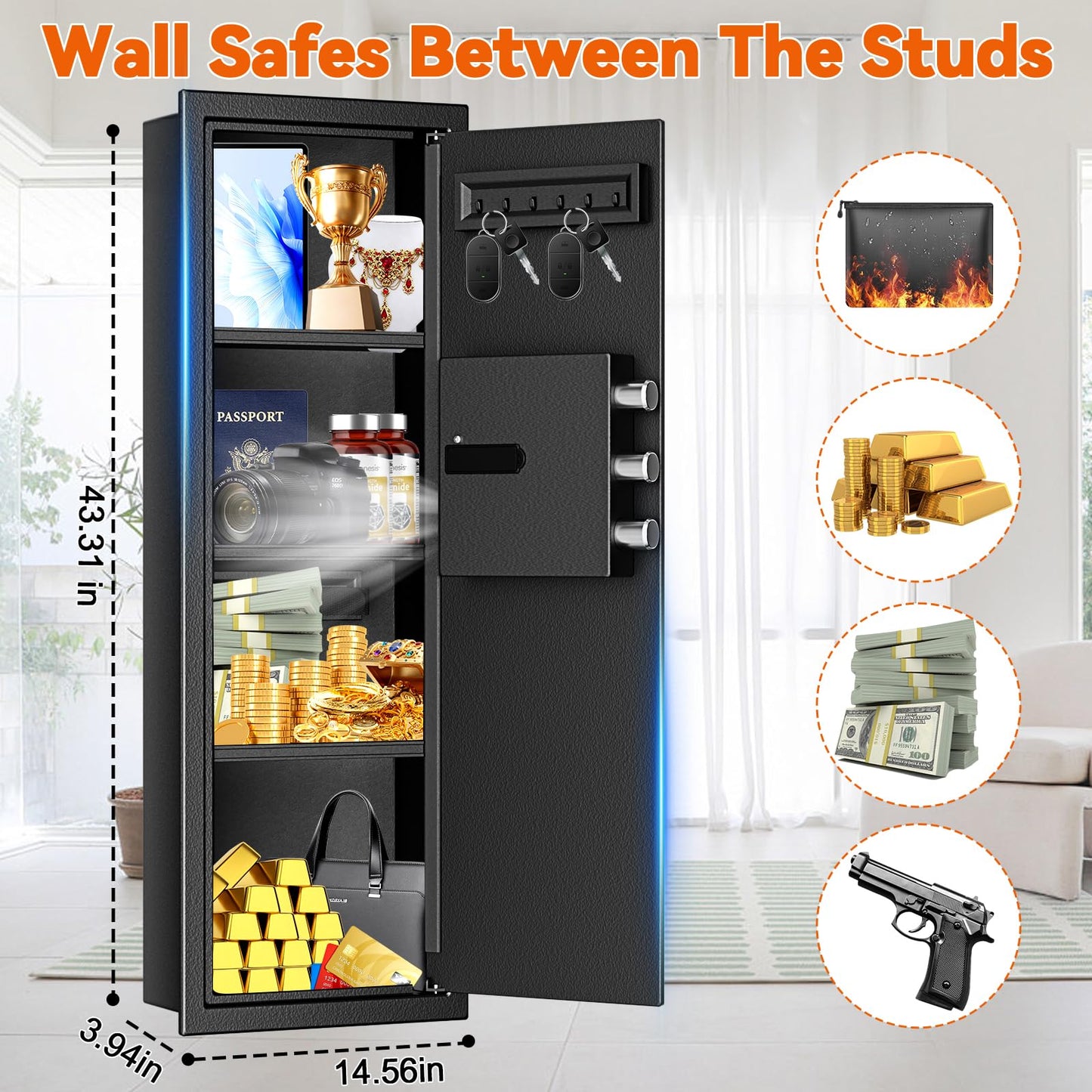 Heavy Duty Fireproof Wall Safes Between the Studs, Extra Large Fire Security Wall Safe with Digital Keypad lock and 3 Removable Shelf, Wall Rifle Safe Fireproof for Home, Gun, Cash, Documents, Jewelry
