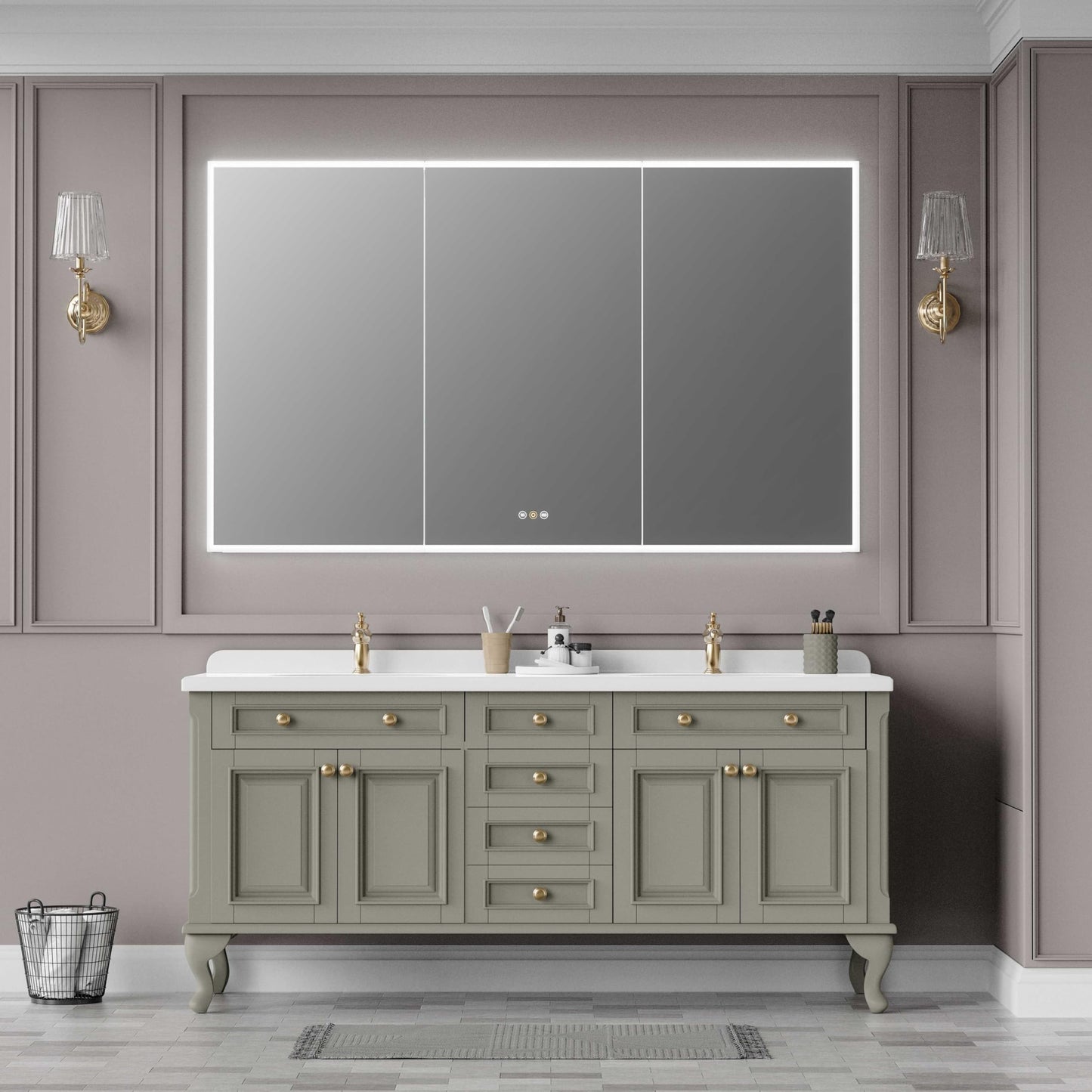 tunuo Recessed Medicine Cabinets for Bathroom with Mirror, Only Recessed Medicine Cabinet with Defogger, Dimmer, Outlets & USB, Three Doors