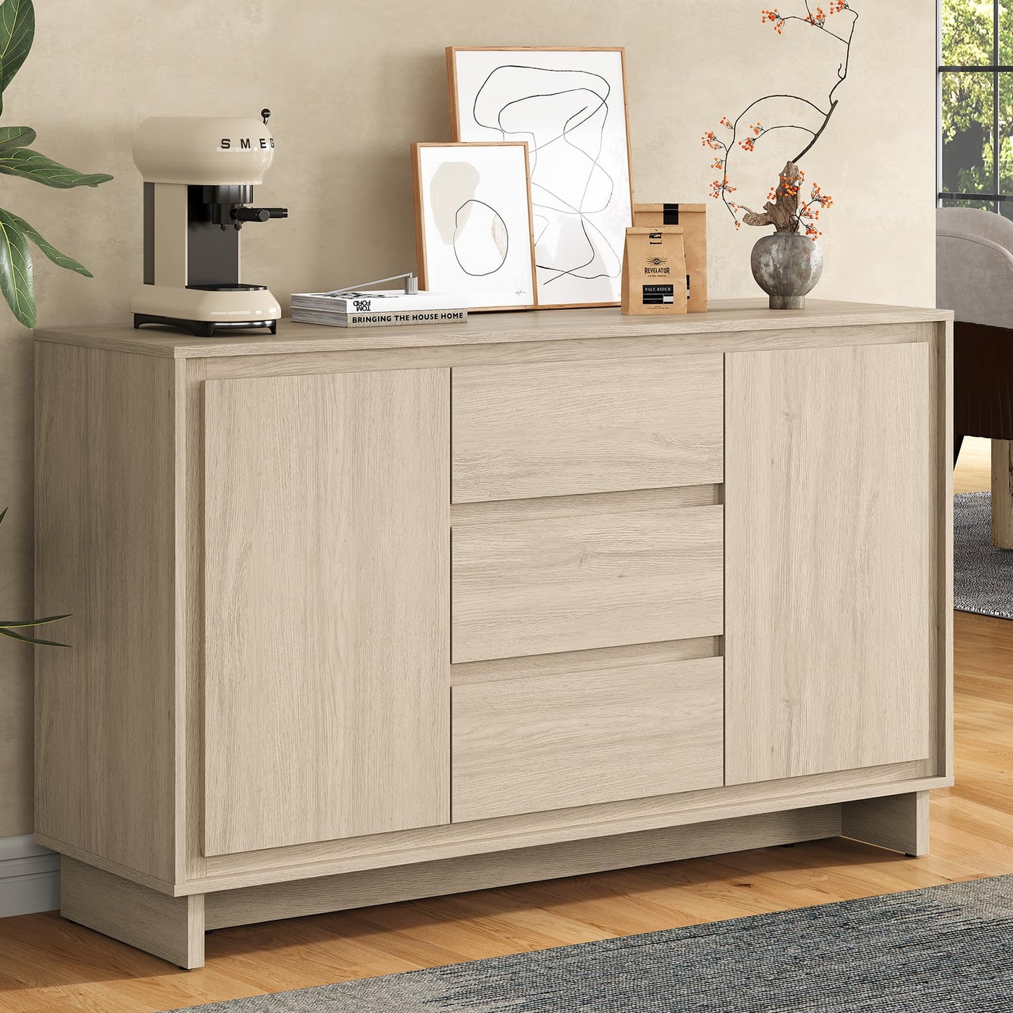 RoyalCraft Buffet Cabinet with Storage, Modern Wood Sideboard Credenza with 2 Doors and 3 Drawers, Coffee Bar Cabinet with Adjustable Shelves for Kitchen, Living Room, Dining Room, Entryway, Beige