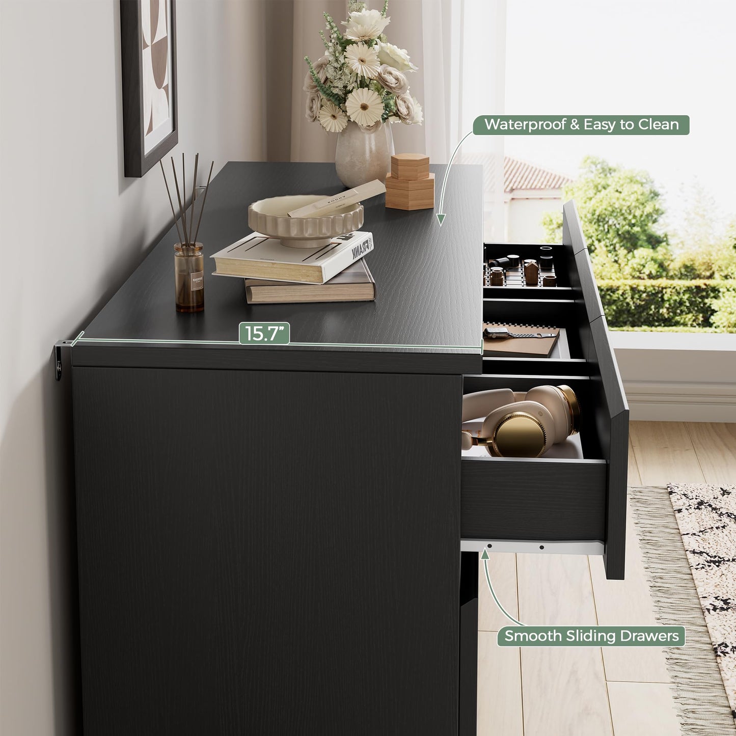 Jocoevol Modern Black 7 Drawer Dresser for Bedroom, Simply Chest of Drawers, Wood Storage Dresser with Deep Drawers for Living Room Hallway Entryway, Black