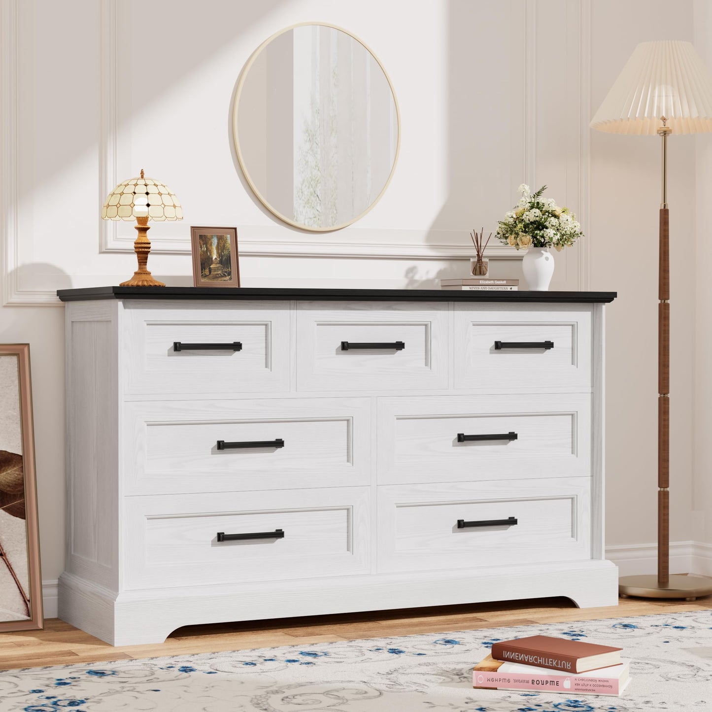 YESHOMY Dresser for Bedroom, Farmhouse 7 Drawers Dresser, Chest of Drawer Chest, Multi-Tier Clothing Storage Cabinet, White and Black