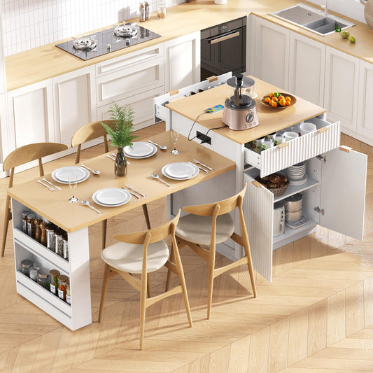 Trygoal 83" Extendable Kitchen Island with Drop Leaf Dining Table, White Rolling Storage Cart on Wheels with Power Outlet, Drawers & Cabinets, Anti-Wobble Central Caster, White