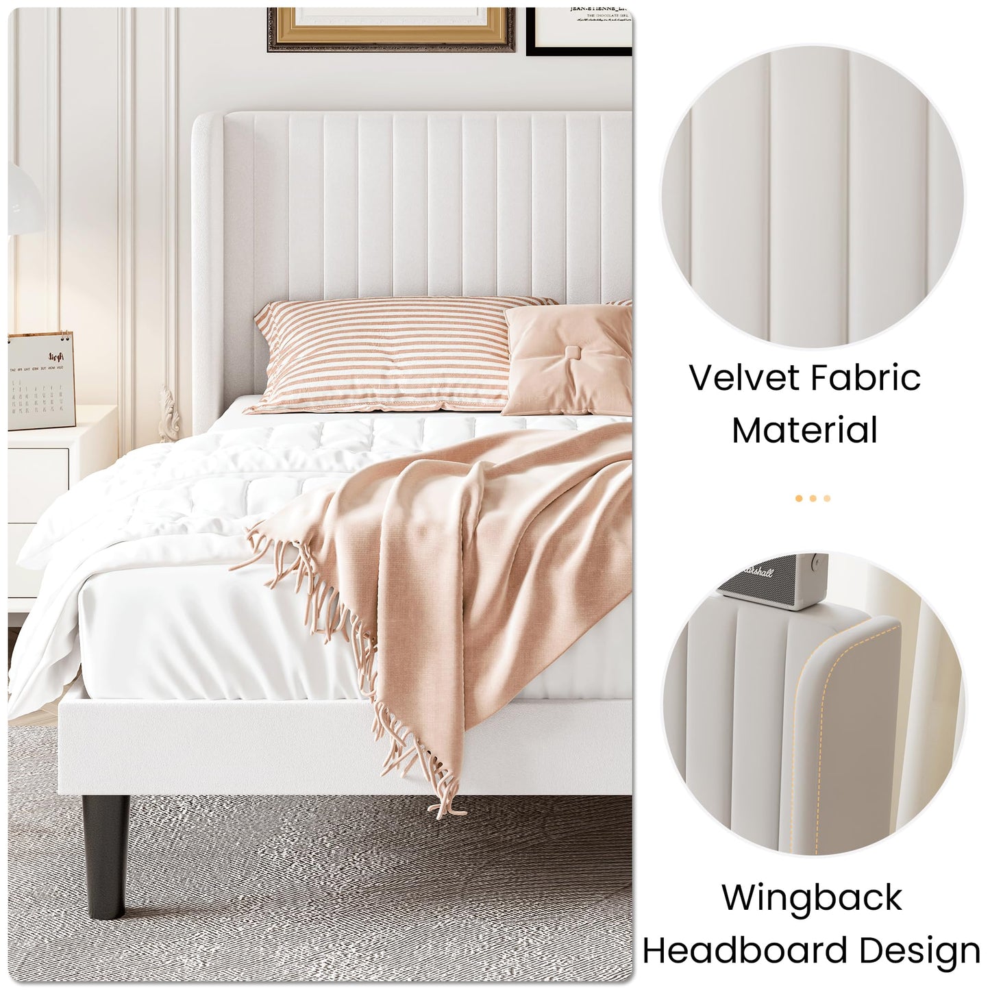 SHA CERLIN King Size Velvet Bed Frame with Vertical Channel Tufted Wingback Headboard, Upholstered Platform Bed with Wood Slats, No Box Spring Needed, Easy Assembly, White