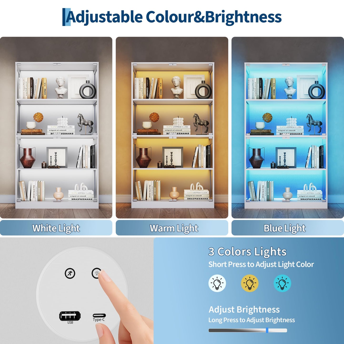 GarveeHome Display Cabinet with Glass Doors, 4 Tier Curio Cabinets with LED Lights & Charging Ports, Glass Display Case with Open Shelf & Human Body Sensor, Storage Showcase for Collectibles, White