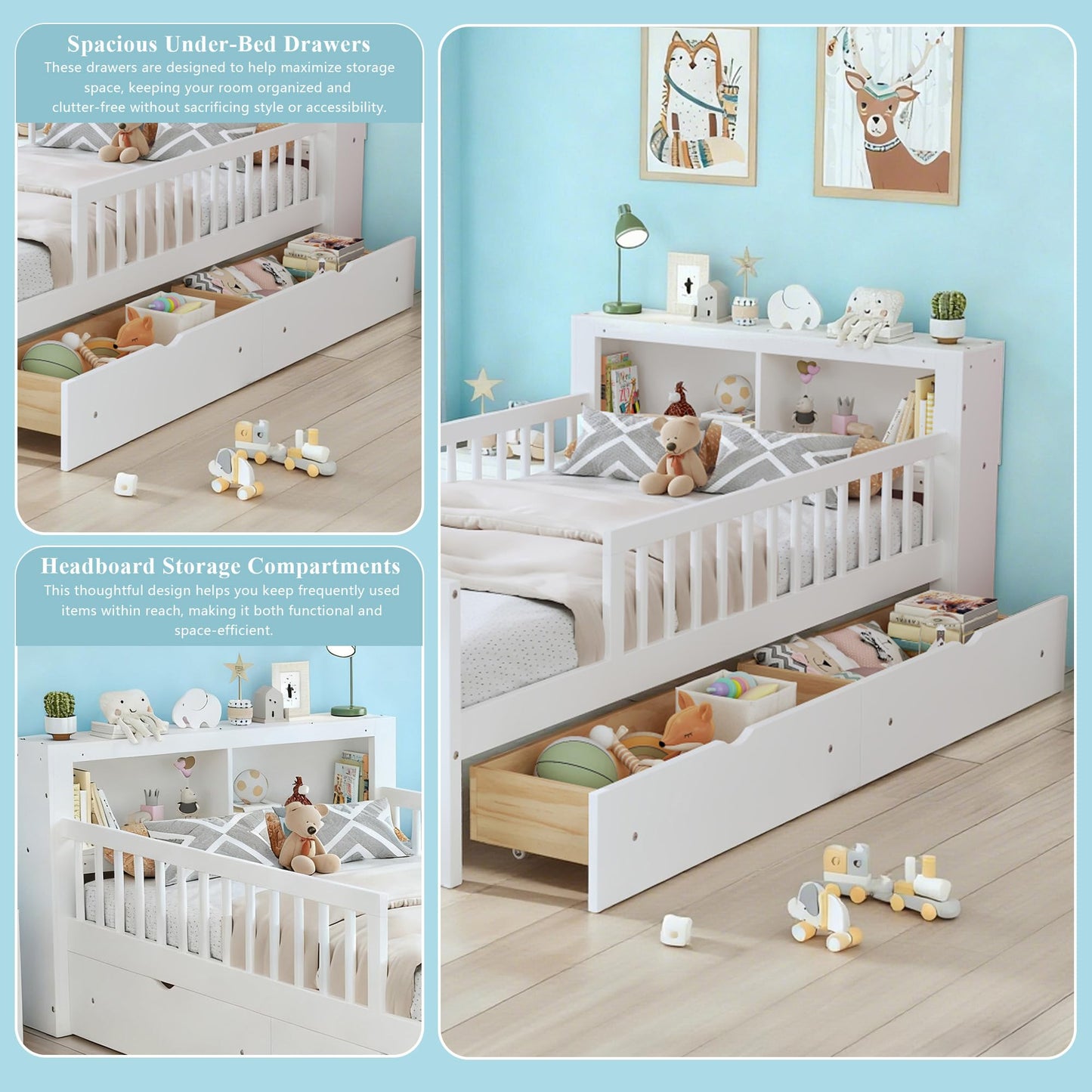 Bellemave Kids Twin Bed Frame with Fences, 2 Drawers & Storage Headboard, Twin Size Platform Bed with 3-Side Guardrails for Kids, Girls & Boys, White