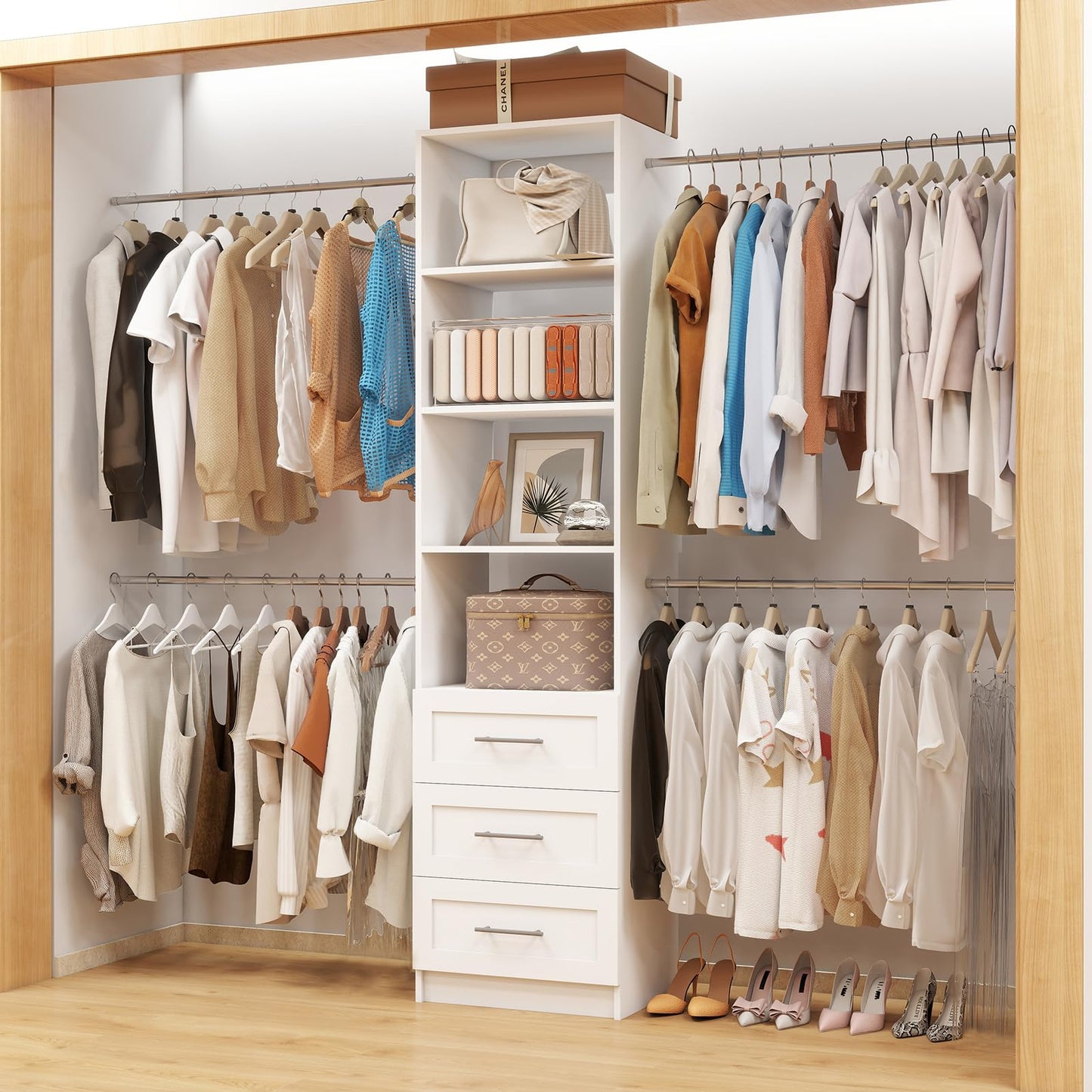 Closet System with Drawers, 5FT-9FT Custom Closet Organizer System 114.9" Walk in Wood Closet Storage System with 4 Expandable Hanging Rods Wall Mount White