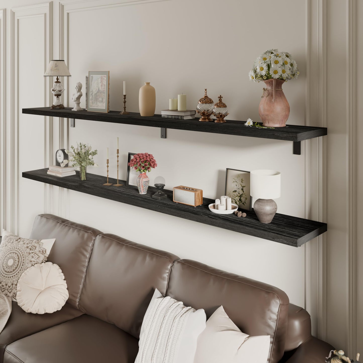 ONOTETUT 10x72 Inch Black Floating Shelves for Wall,2-Pack Rustic Long Floating Bookshelf,6ft Solid Wood Large Wall Shelf for Bathroom Bedroom (Black)