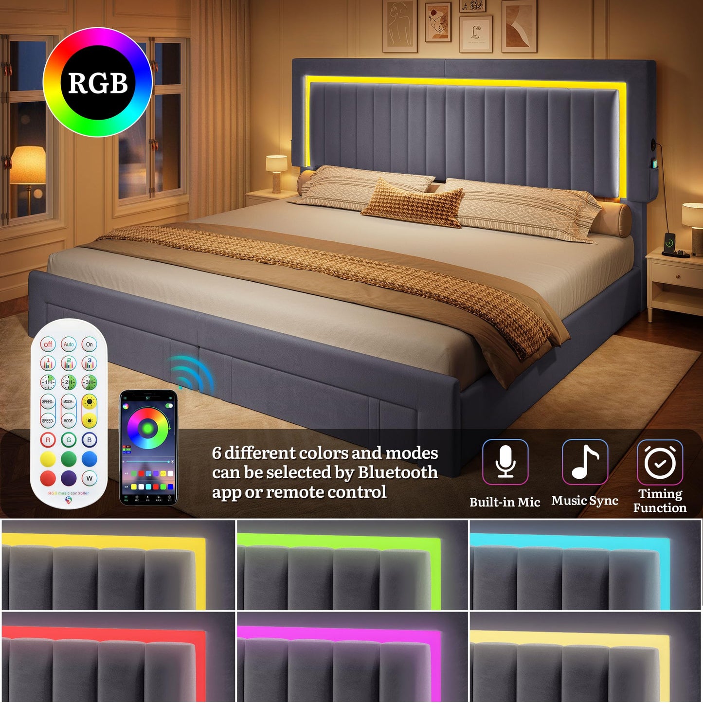 DWVO King Size Bed Frame with Adjustable Headboard, 4 Storage Drawers and RGB LED Lights, Velvet Upholstered Platform Bed with USB Ports, No Box Spring Needed, Fast Assembly, Noise-Free, Dark Grey