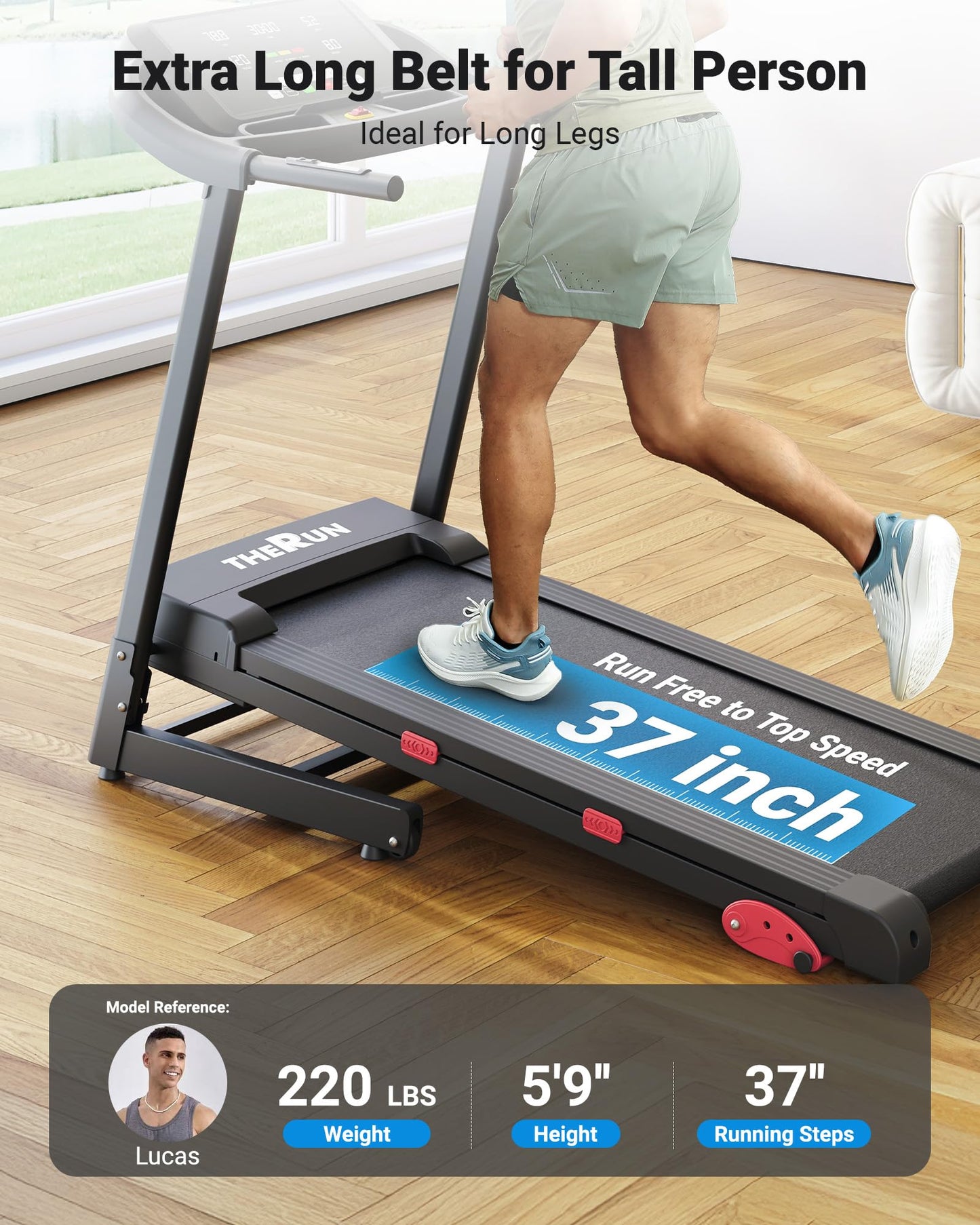 THERUN Incline Treadmill, Manual Incline Treadmill for Running and Walking, 300 lbs Weight Capacity, Wide Belt,3.0HP,18" LED Screen, 2 Layers Shock-Absorbing, Red