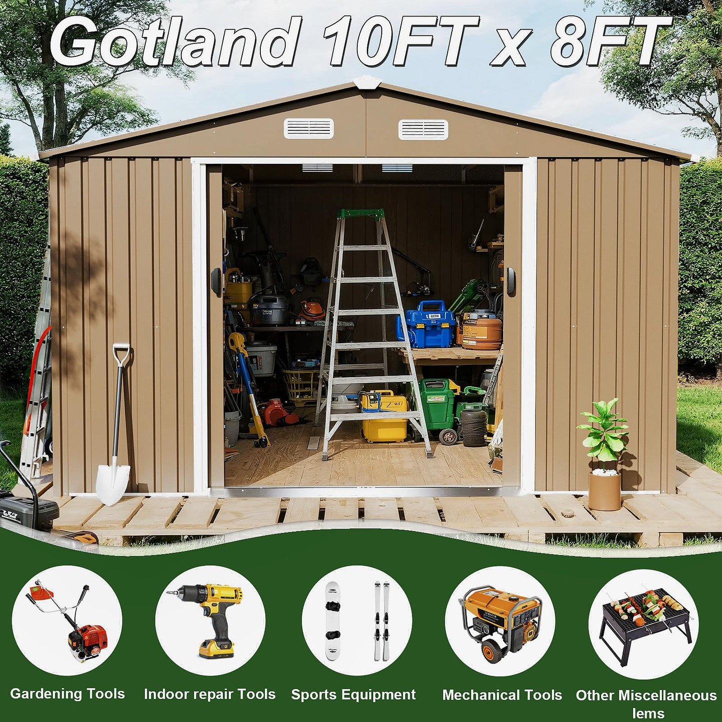 Gotland 10FT x 8FT Sheds & Outdoor Storage, Storage Shed with 1 Large Window Sloped Step, Metal Shed with 2 Lockable Slide Doors Air Vents, Outdoor Shed for Backyard Patio Lawn Brown