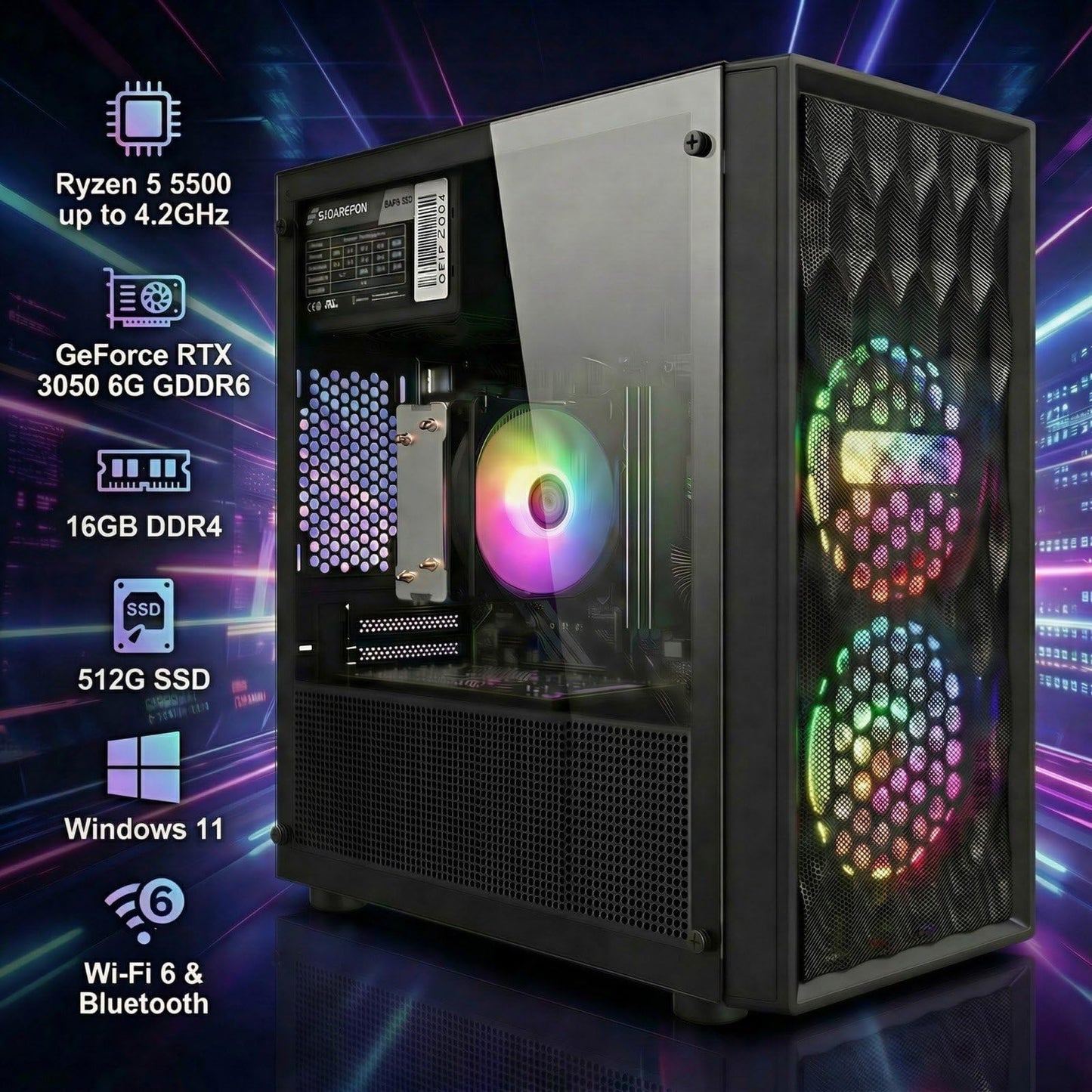 STGAubron Gaming PC Computer Desktop, AMD Ryzen 5 5500 up to 4.2GHz, GeForce RTX 3050 6G, 16G DDR4, 512G SSD, WiFi 6 5G & BT 5.2, RGB Fan x2, Windows 11 Home