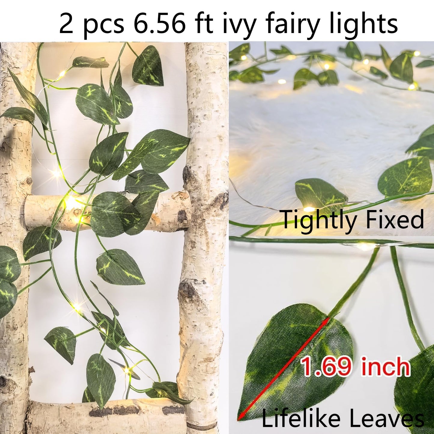 MVOVM LED Fairy Lights Vine, 20 Lights, 6.6ft Pothos Garland, Green, Artificial Hanging Plant Decor for Bedroom, Wedding, Party