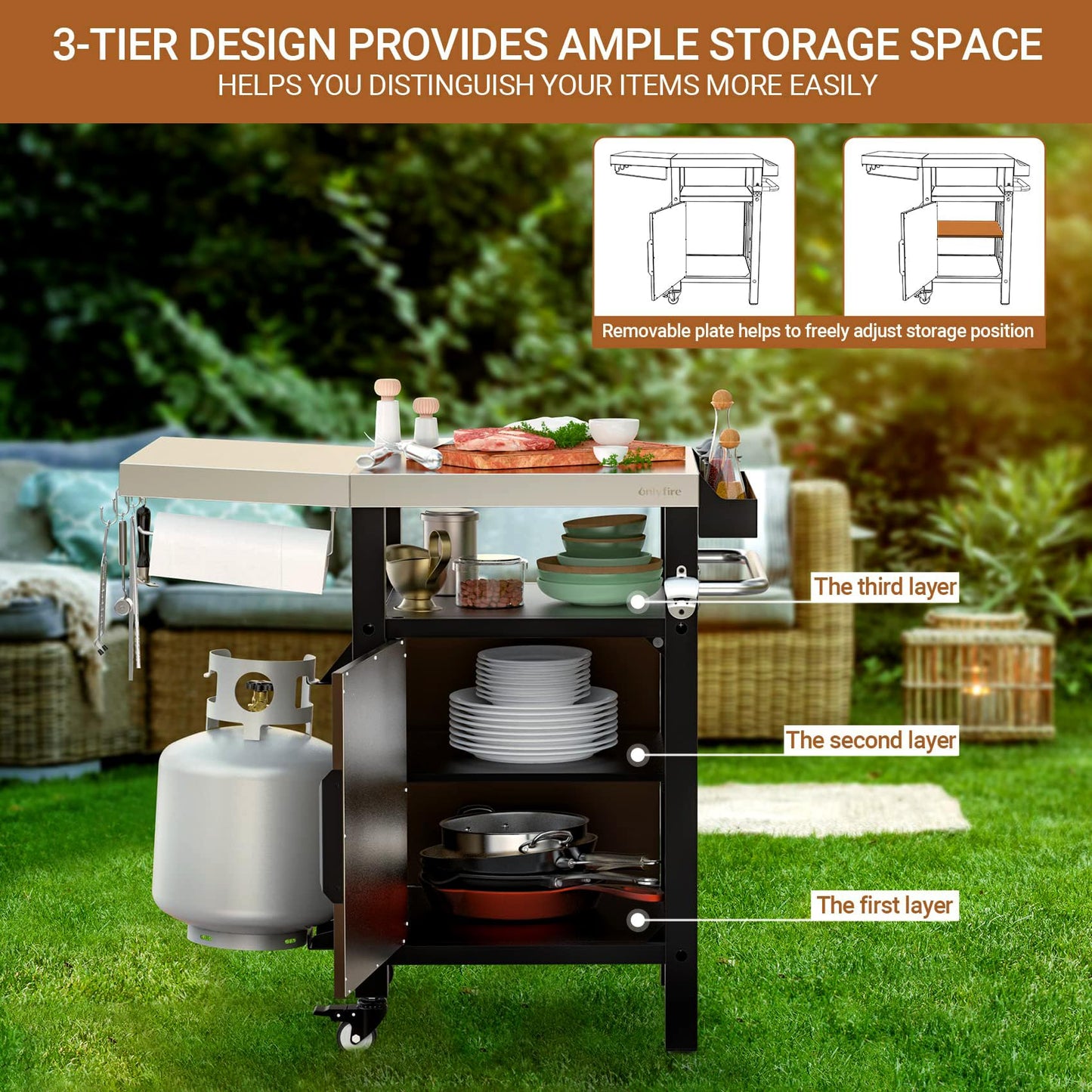 onlyfire 35 Inch Rolling Kitchen Island with XL Stainless Steel Top & Rattan Cabinet, Heavy-Duty BBQ Serving Cart for Indoor/Outdoor, Single Door Storage Worktable with Side Shelf & Wheels