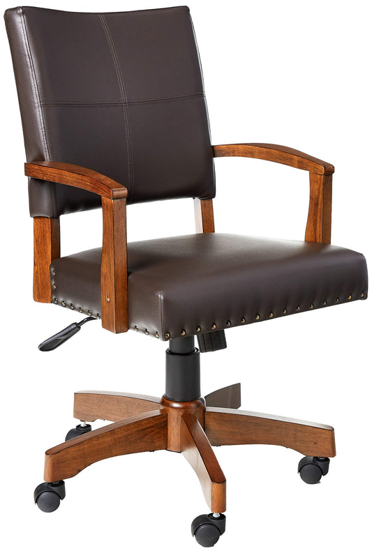 OSP Home Furnishings Deluxe Wood Banker's Chair with Antique Bronze Nailheads and Medium Brown Wood, Espresso Faux Leather