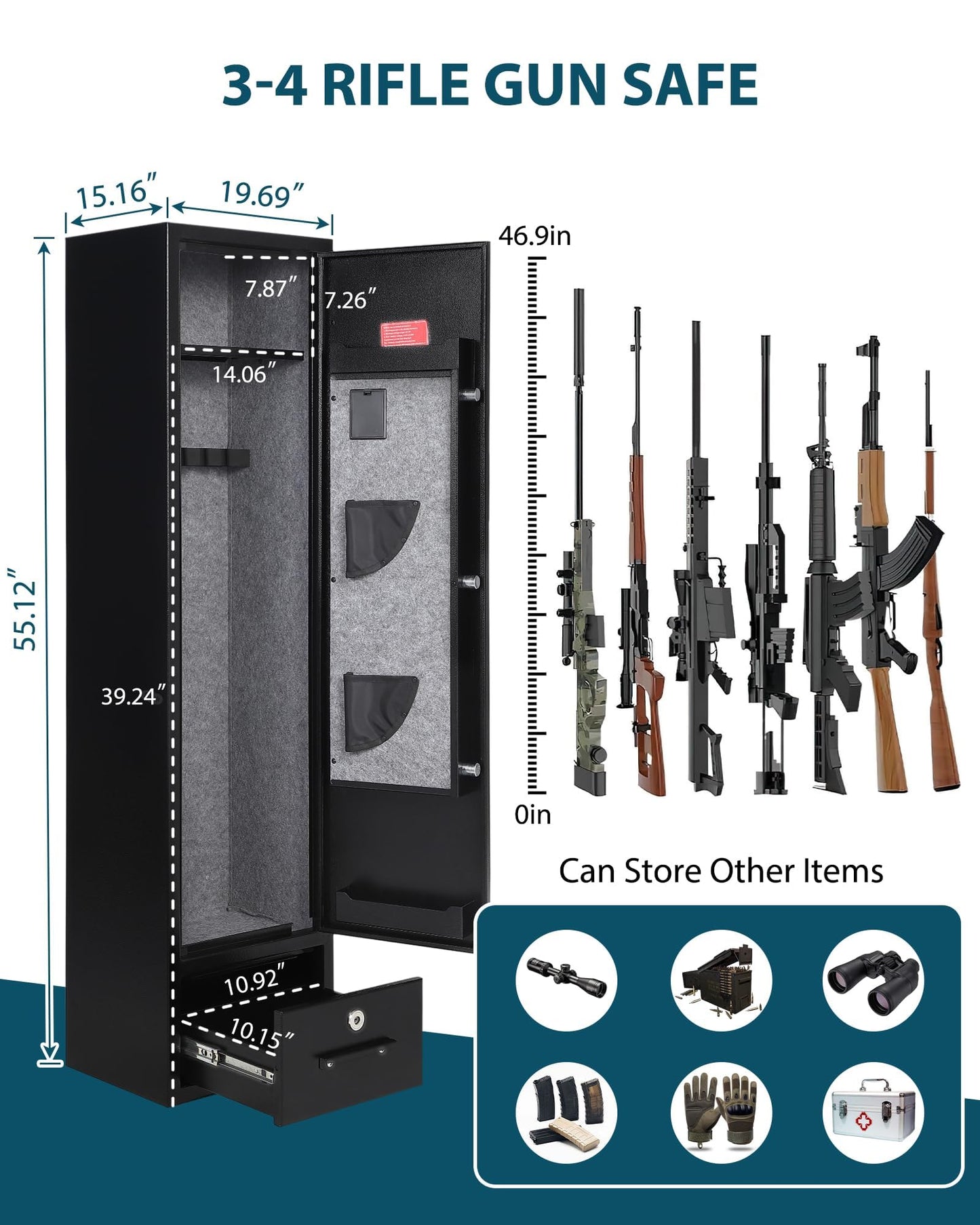 EliteEdge 6-8 Gun Safes, Gun Cabinet for Rifles and Pistols, Quick Access Rifle Safe with Drawer & Removable Shelf, Multifunction Lock, Pistol Pockets for Home Office