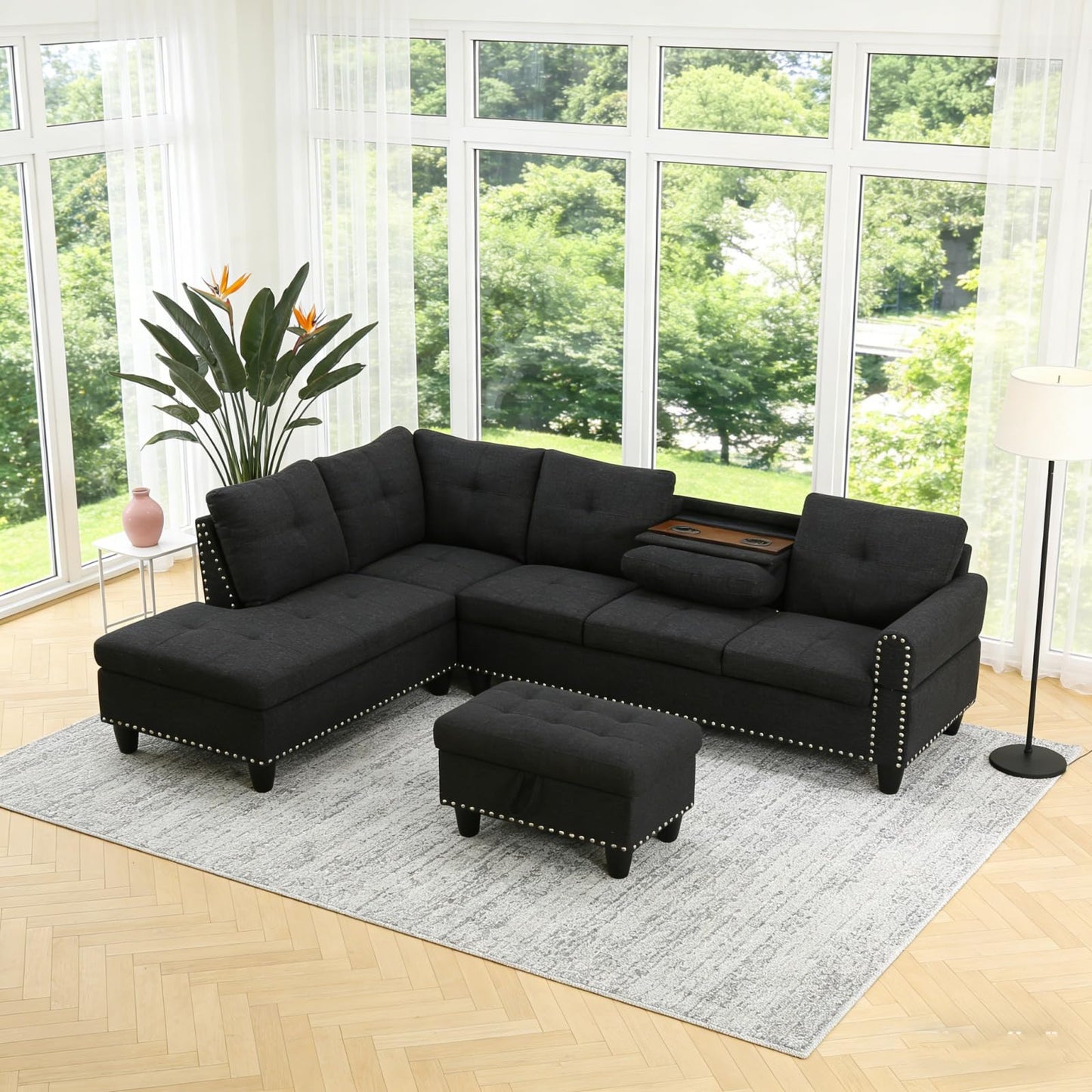 Trygoal 97.5 inch L-Shape Sofa with Storage Ottoman & Reversible Coffee Table, Linen Sectional Couch with Left Chaise, Modern 3-Piece Sofa Set, Upholstered Couch Set with Solid Wood Frame, Black Grey