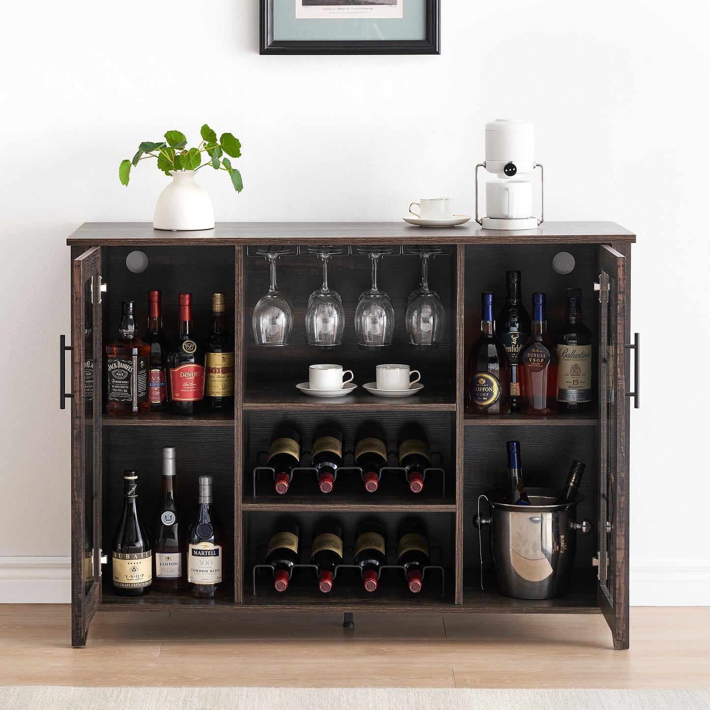 CABIHOME 47" Wine Bar Cabinet with LED Light, Farmhouse Industrial Wine Cabinet, Coffee Station with 2 Adjustable Shelves & Storage, Dining Room, Living Room, Home Bar Furniture, Oak