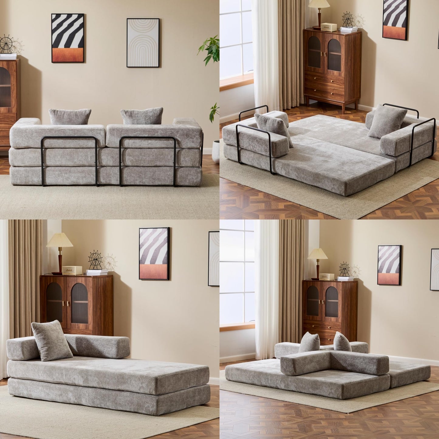 Trygoal 78”Convertible Sofa Bed, 4-in-1 Futon Boneless Couch with Armrest & Pillows, Compressed Chenille Folding Sleeper Bed for Living Room, Guest Room and Dorm, Light Grey