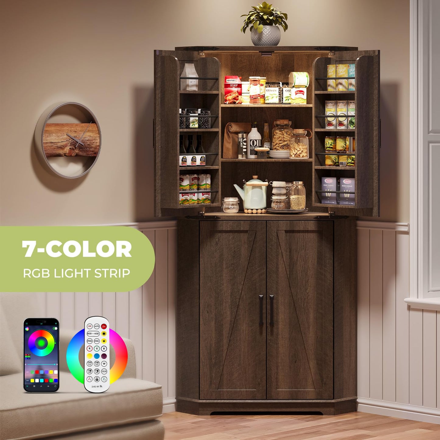 Dripex 71" Brown Farmhouse Corner Pantry Cabinet with LED Light, Tall Storage Cabinet with Doors & Adjustable Shelves, Food Pantry for Kitchen, Living Room, Dining Room