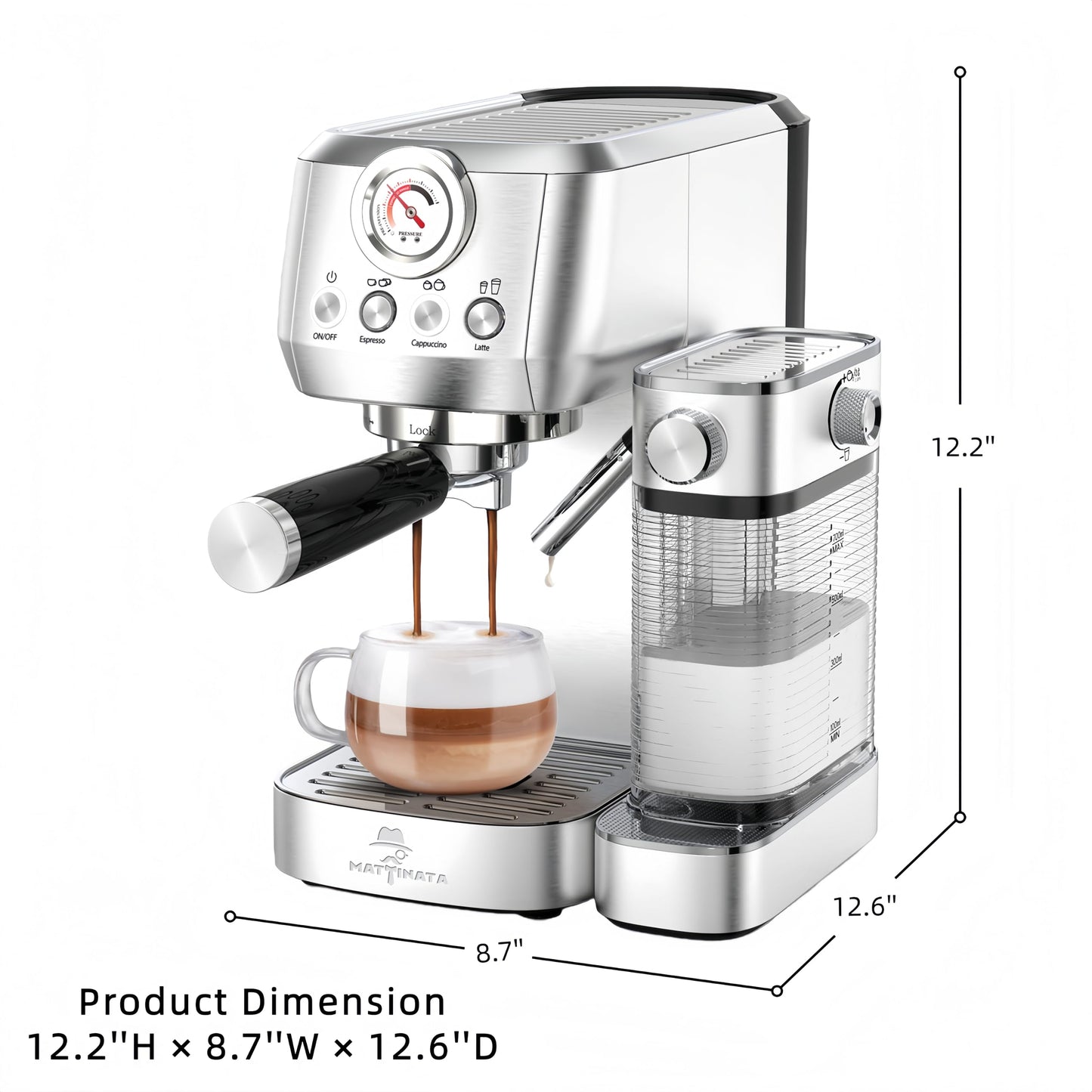 MAttinata Cappuccino Coffee Machine with Automatic Milk Frother, Compact Espresso Machine with Pressure Gauge, Stainless Steel Cappuccino Maker with for Home, Office