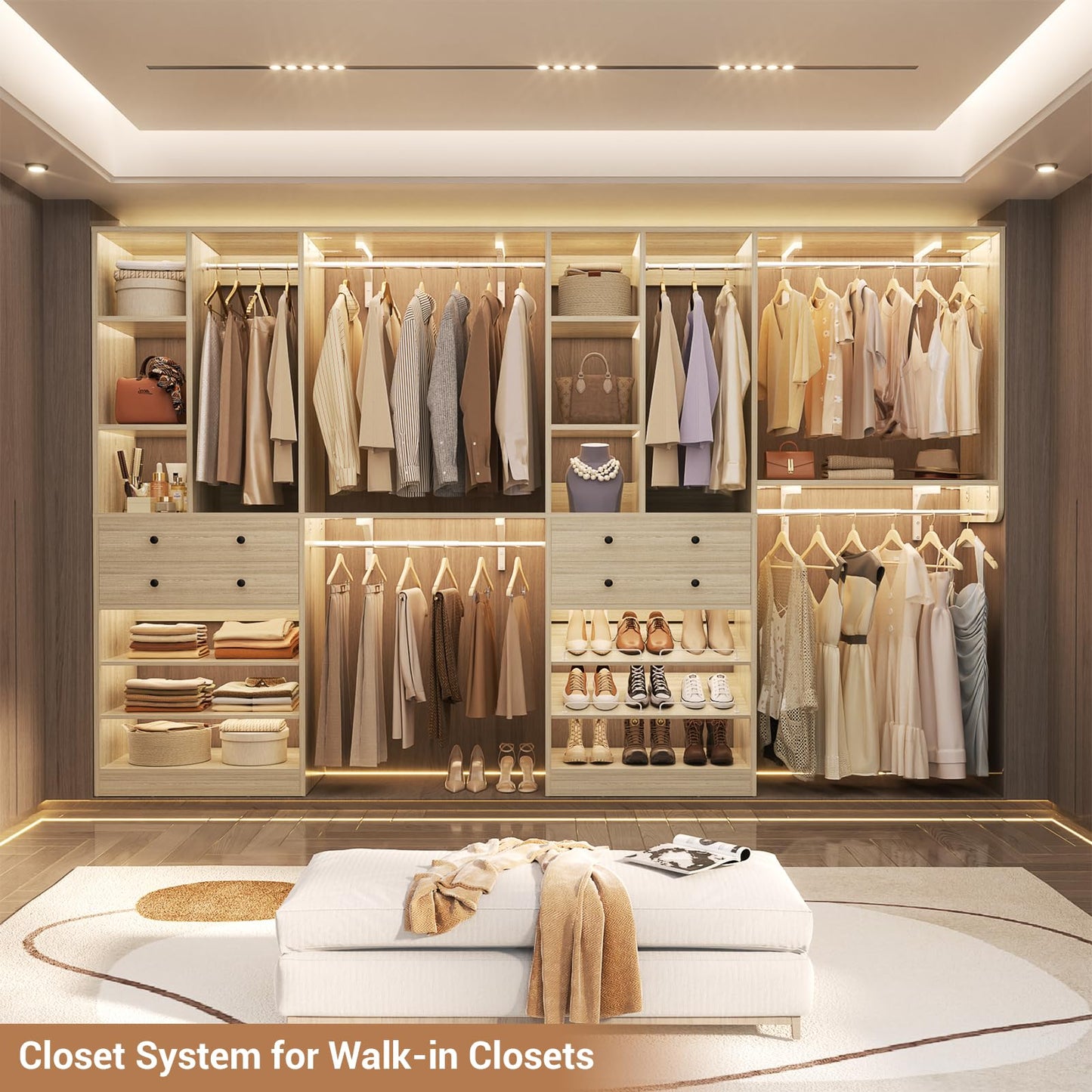 Besiost Closet System - 60"/92" Closet System with Drawers, 5FT/7.67FT Closet Organizer System with Reversible Hanging Shelving and Hanging Rods, for Small/Walk-in Closets, Greige Oak