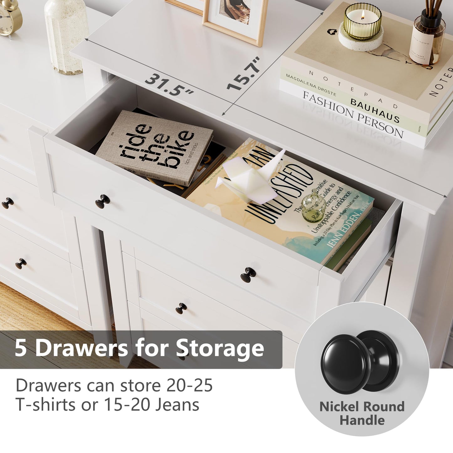 GarveeHome White 5 Chest of Drawer Dresser, Modern Tall Nightstand with Deep Drawers and Nickel Round Handle, Wood Organizer Storage Cabinet for Bedroom, Living Room, Hallway