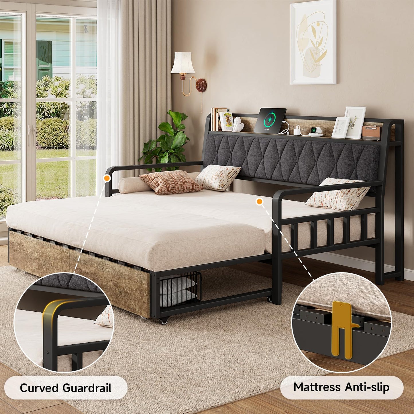 Convertible Daybed with Trundle, Twin to King Sofa Bed with Storage Drawers, Day Beds with Pop up Trundle, Upholstered Headboard & Power Outlet, Metal Platform Frame for Living Room, Guest Room, Black