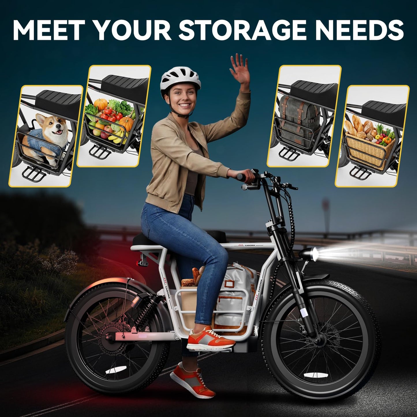 Caroma Electric Scooter for Adults with Seat Peak 1000W, 20" All-Terrain Fat Tire Electric Bike,Dual Shock Absorbing, 25 Miles & 20MPH Top Speed E-Scooter with Basket for Pet&Cargo,White