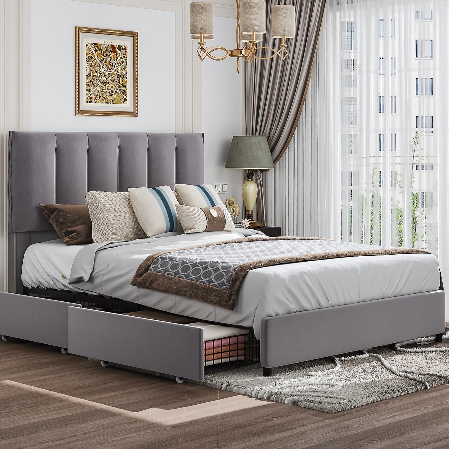 VECELO Full Size Bed Frame with 4 Storage Drawers, Adjustable Height Headboard, Heavy-Duty Platform Bedframe with Strong Wooden Slats, No Box Spring Needed, Dark Grey