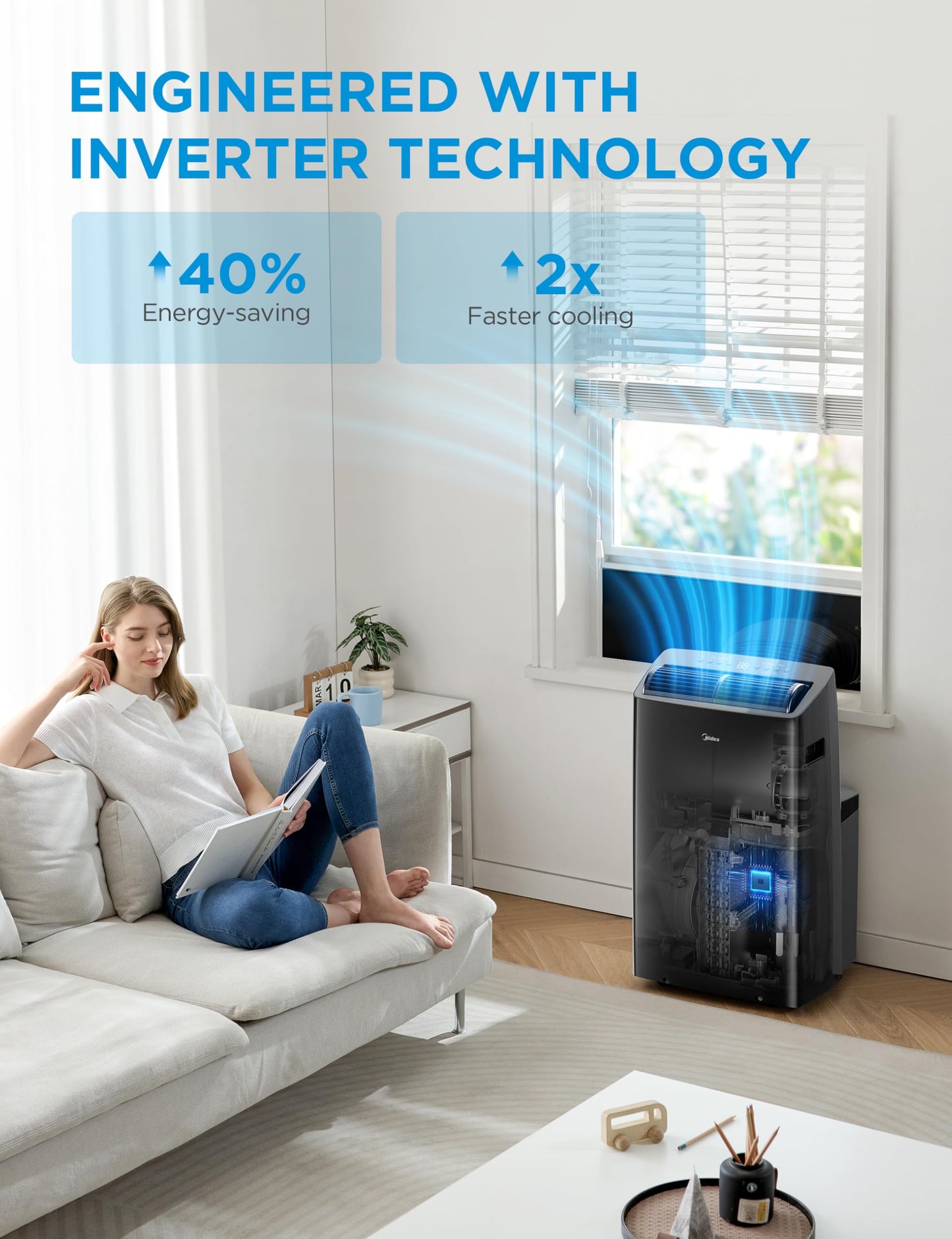 Midea Duo 14,000 BTU (12,000 BTU SACC) High Efficiency Inverter Ultra Quiet Portable Air Conditioner, with Heat up to 550 Sq. Ft., Works with Alexa/Google Assistant, with Remote Control & Window Kit"