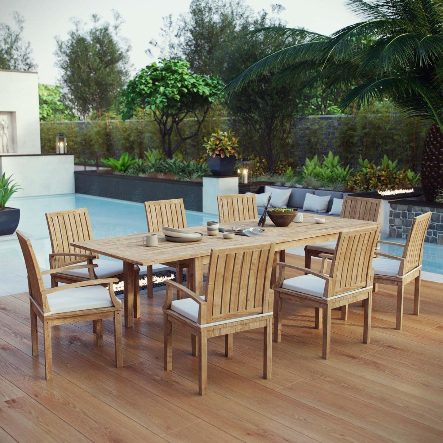 Modway Marina 9 Piece Outdoor Patio Teak Dining Set in Natural White