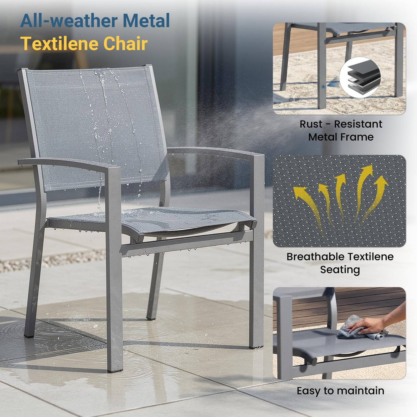 Patio Table and Chairs for 6, Outdoor Patio Dining Furniture Set with Aluminum Table and Metal Textilene Chairs, All-Weather Patio Table Set with HDPS Rectangular Tabletop for Garden Porch