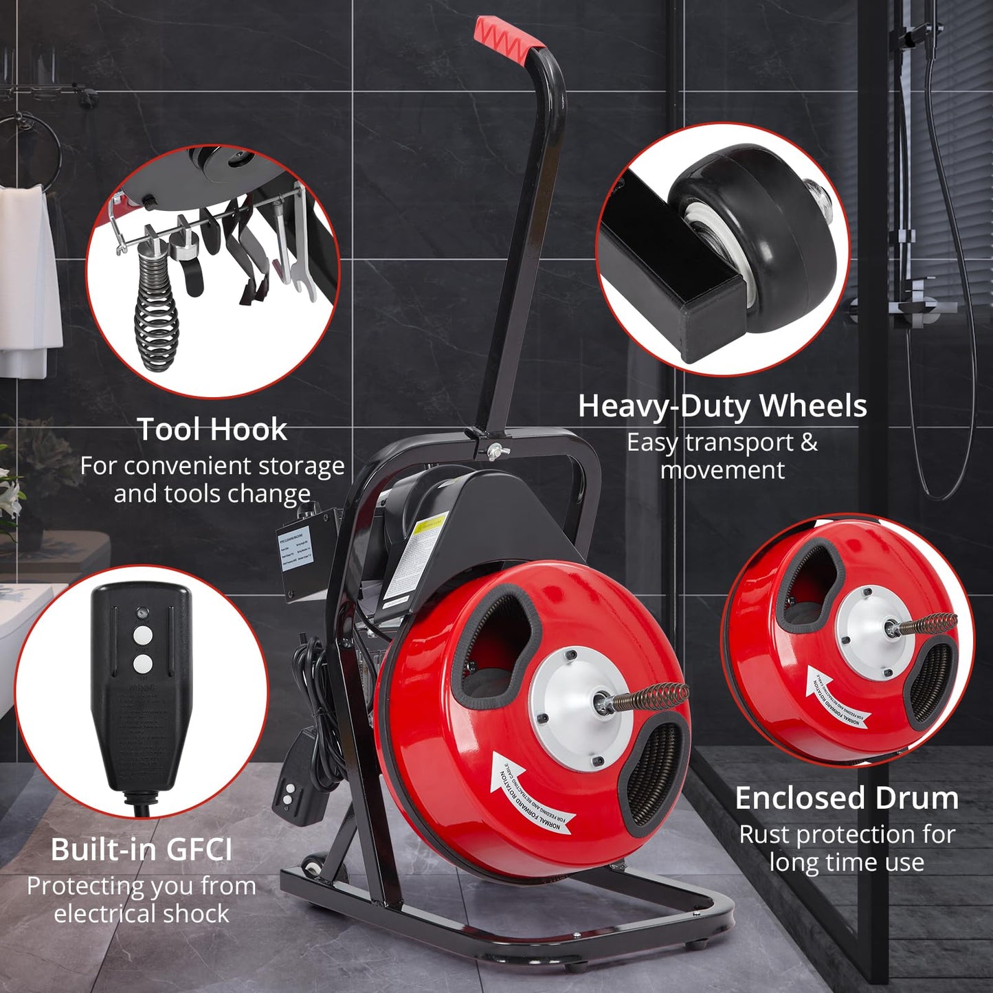 Garvee Drain Cleaner Machine, 50 Ft X 1/2 in Professional Electric Drain Auger for 1 to 4 in Pipes, Portable Electric Drain Snake with 4 Cutters & Foot Switch and Pair of Gloves