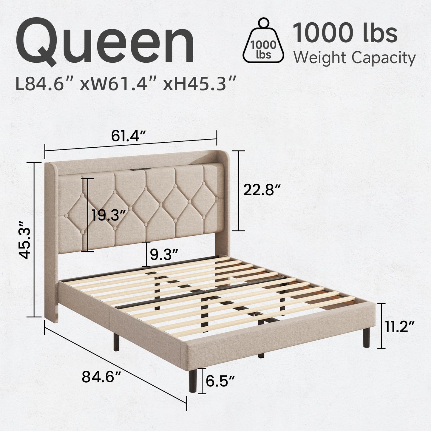 Queen Size Bed Frame with Diamond Tufted Linen Headboard & Storage Charging Port, Upholstered Platform Bed with Wood Slats & Sturdy Metal Frames, Noise-Free, No Box Spring Needed, Easy Assembly, Beige
