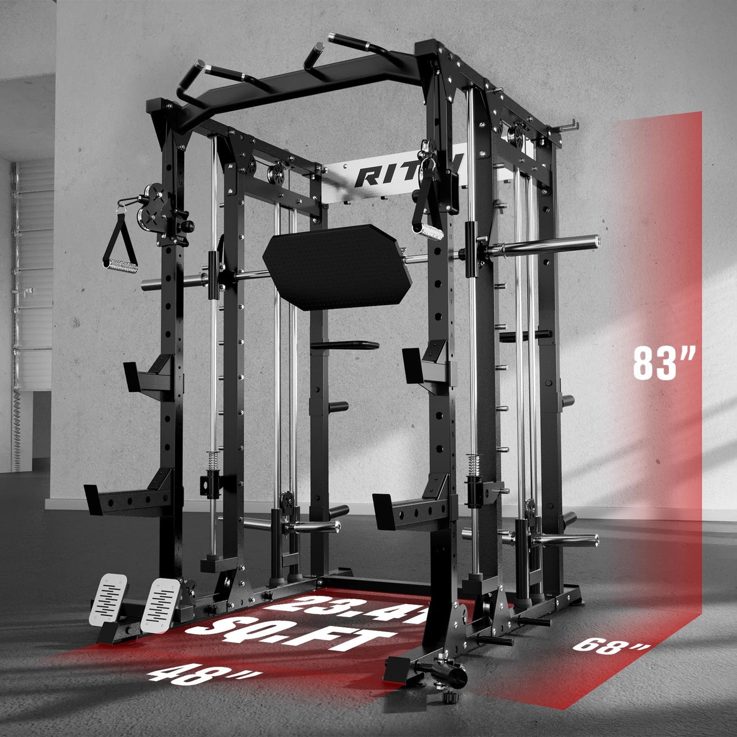 RitFit Buffalo Smith Machine, Power cage with LAT-Pull Down System & Cable Crossover System, All-in-One Squat Rack for Home Gym, Power Rack