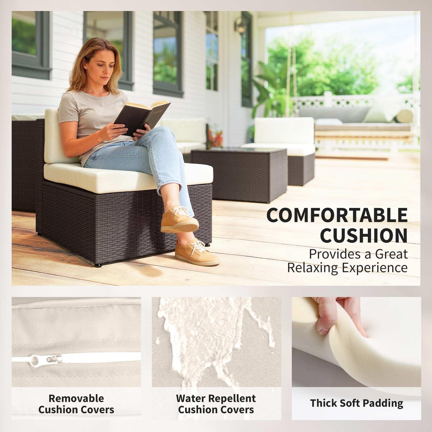Outsunny 7 Piece Patio Furniture Set, Wicker Outdoor Sectional Sofa Set, All Weather PE Rattan Outdoor Furniture Conversation Sets with Cushions, Glass Top Coffee Table, Cream White