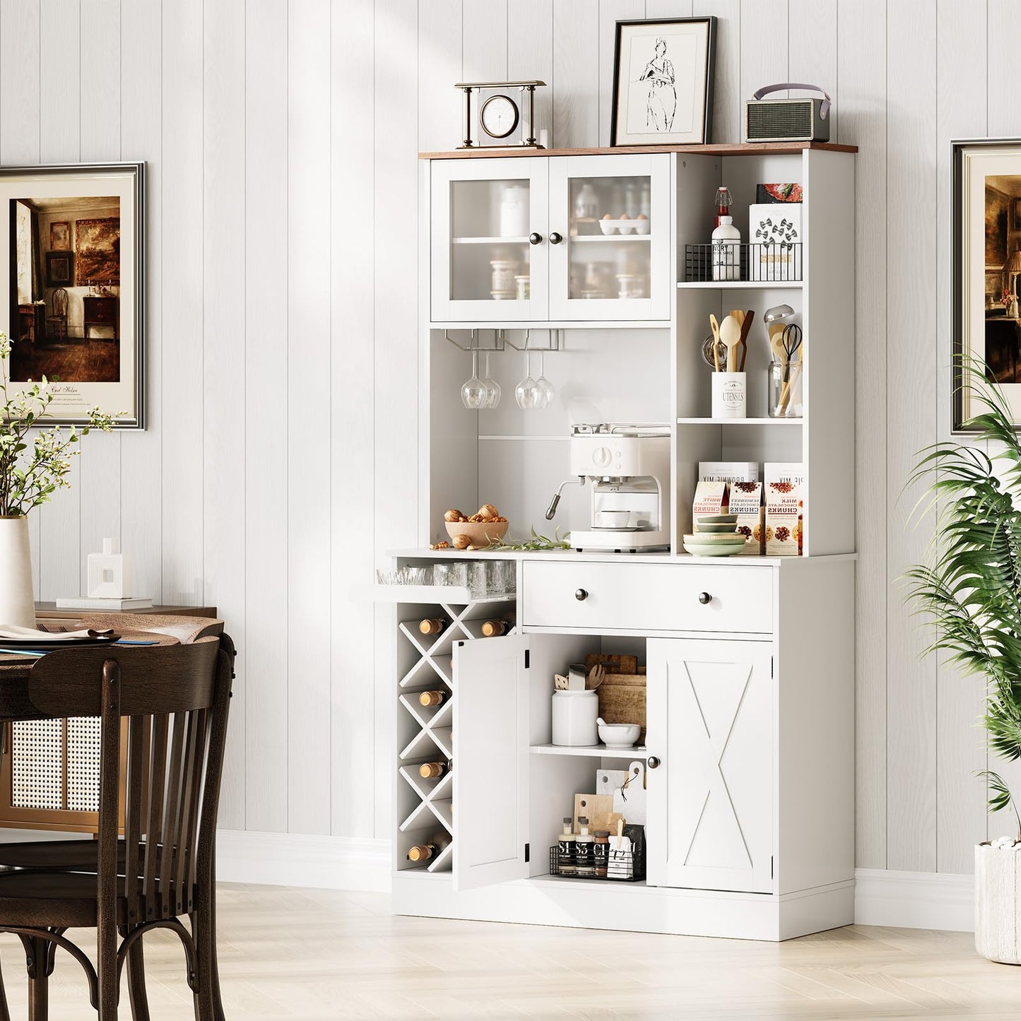 71" Kitchen Pantry Cabinet with Wine Bottle Rack and Charging Station Tall Pantry Storage Cabinet with Adjustable Shelves and Door Shelves Modern Kitchen Hutch with Microwave Stand and Countertop