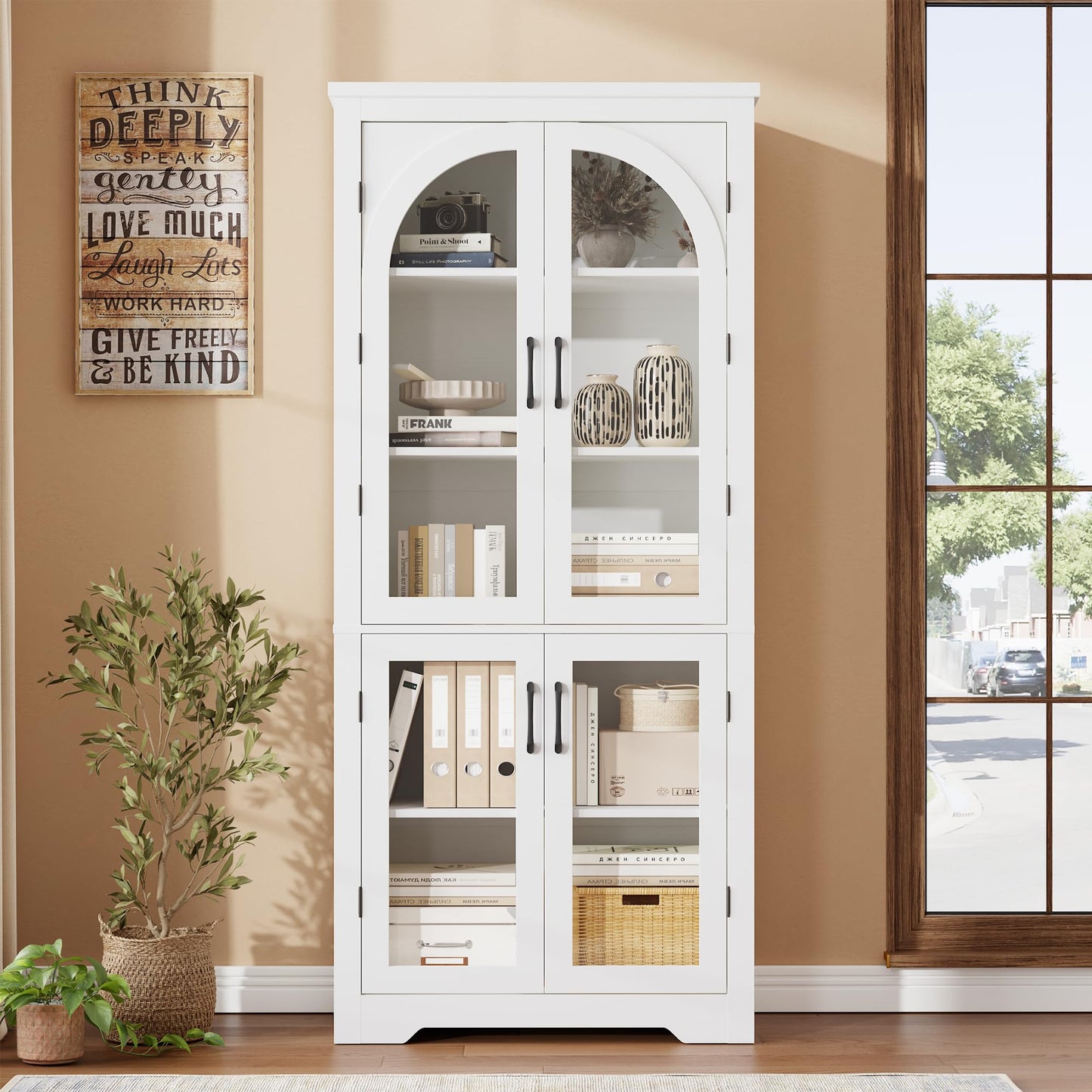 Garvee 70" Tall Kitchen Pantry Cabinet - Modern Display Cabinet with 4 Arched Glass Doors and Adjustable Shelves, Versatile Cupboard Organizers for Kitchen, Dining Room, Living Room, Bathroom, White