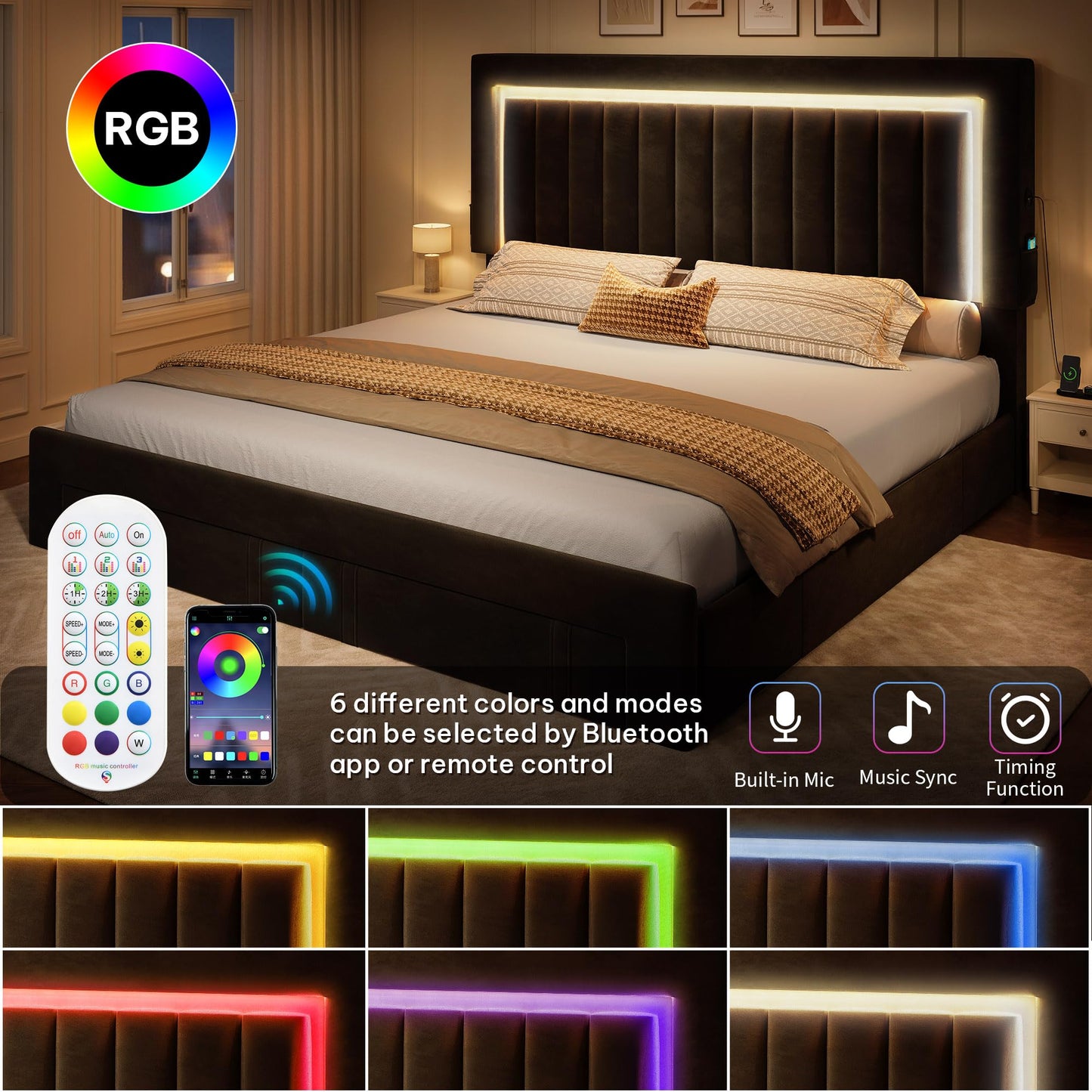 YITAHOME Queen Size Bed Frame with Adjustable Headboard, 4 Storage Drawers and RGB LED Lights, Velvet Upholstered Platform Bed with USB Ports, No Box Spring Needed, Fast Assembly, Noise-Free, Black