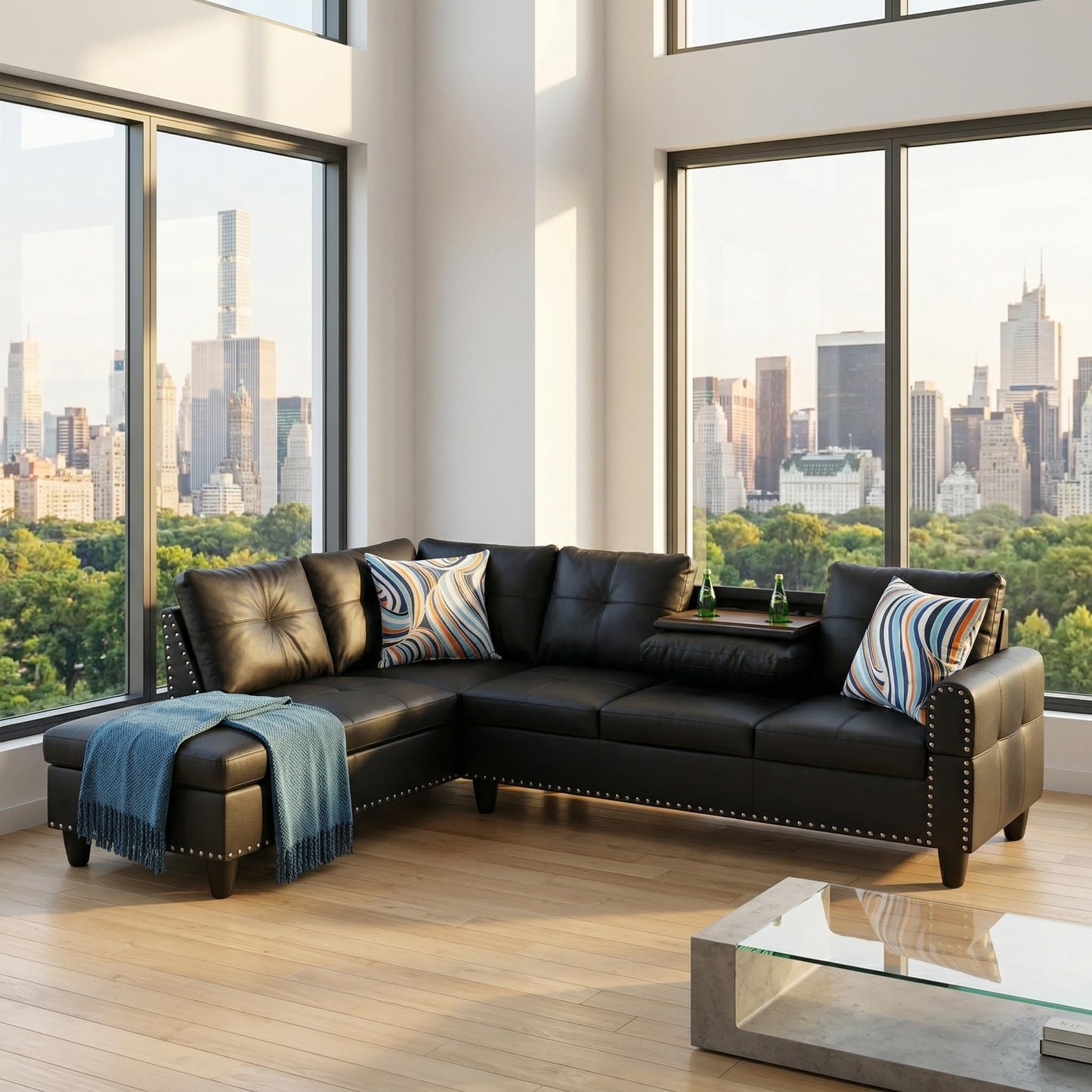 Trygoal L-Shaped Sectional Sofa, Modern 4-Seat Couch with Built-in Cup Holders, Leather Sectional Couch with Left Facing Chaise for Living Room, Apartment, Office, Black