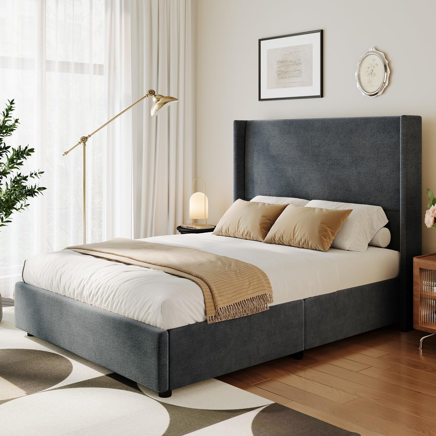 CarterChairr Queen Size Bed Frame Linen Fabric Upholstered Platform with 55.51" Tall Headboard Wingback and Wooden Slats Support, Non-Slip, No Box Spring Needed, Easy Assembly, Beige