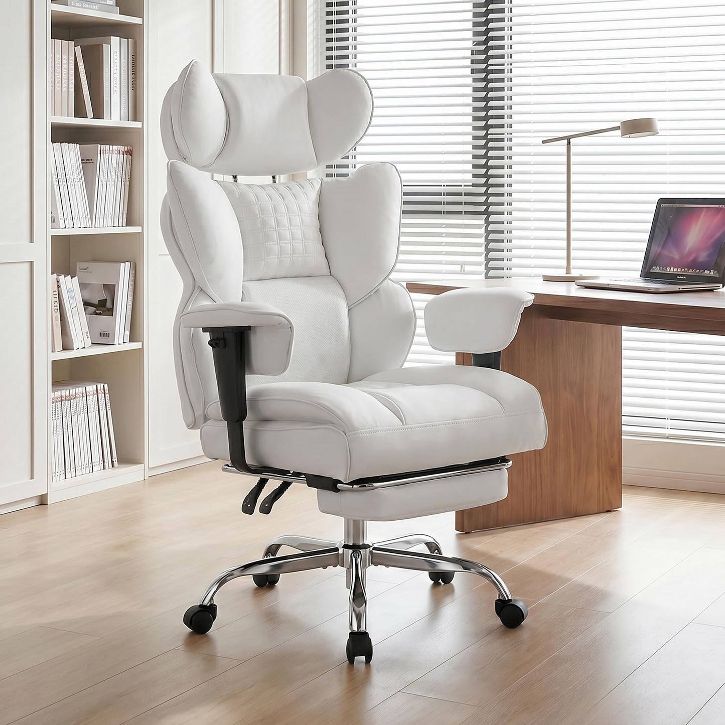 HAPPYMONT Big and Tall Ergonomic Office Chair,350 lbs,High Back Reclining PU Leather Gaming Chair with Footrest, Adjustable Armrests, Lumbar Support, Executive Desk Chair for Home Office, Beige