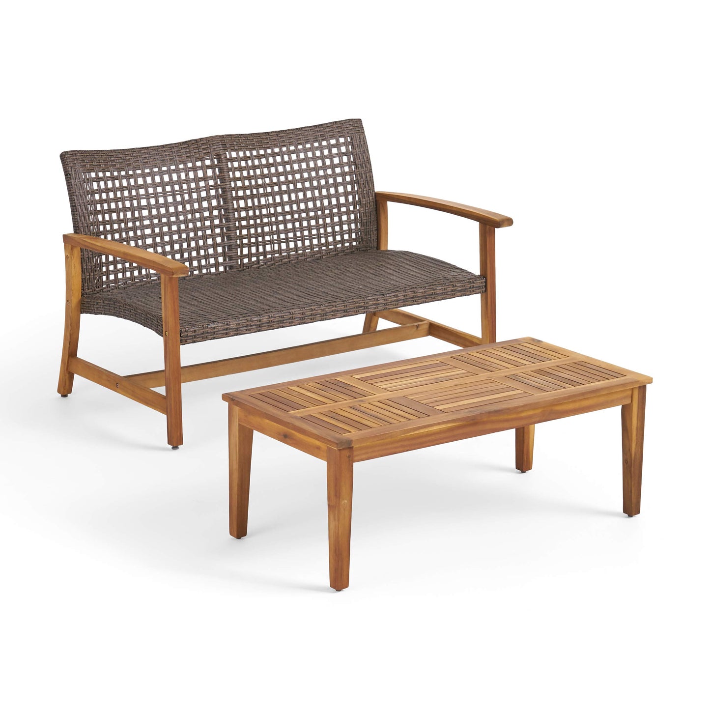 Christopher Knight Home Hamptom Outdoor Acacia Wood and Wicker Conversation Set with Loveseat, Mixed Mocha
