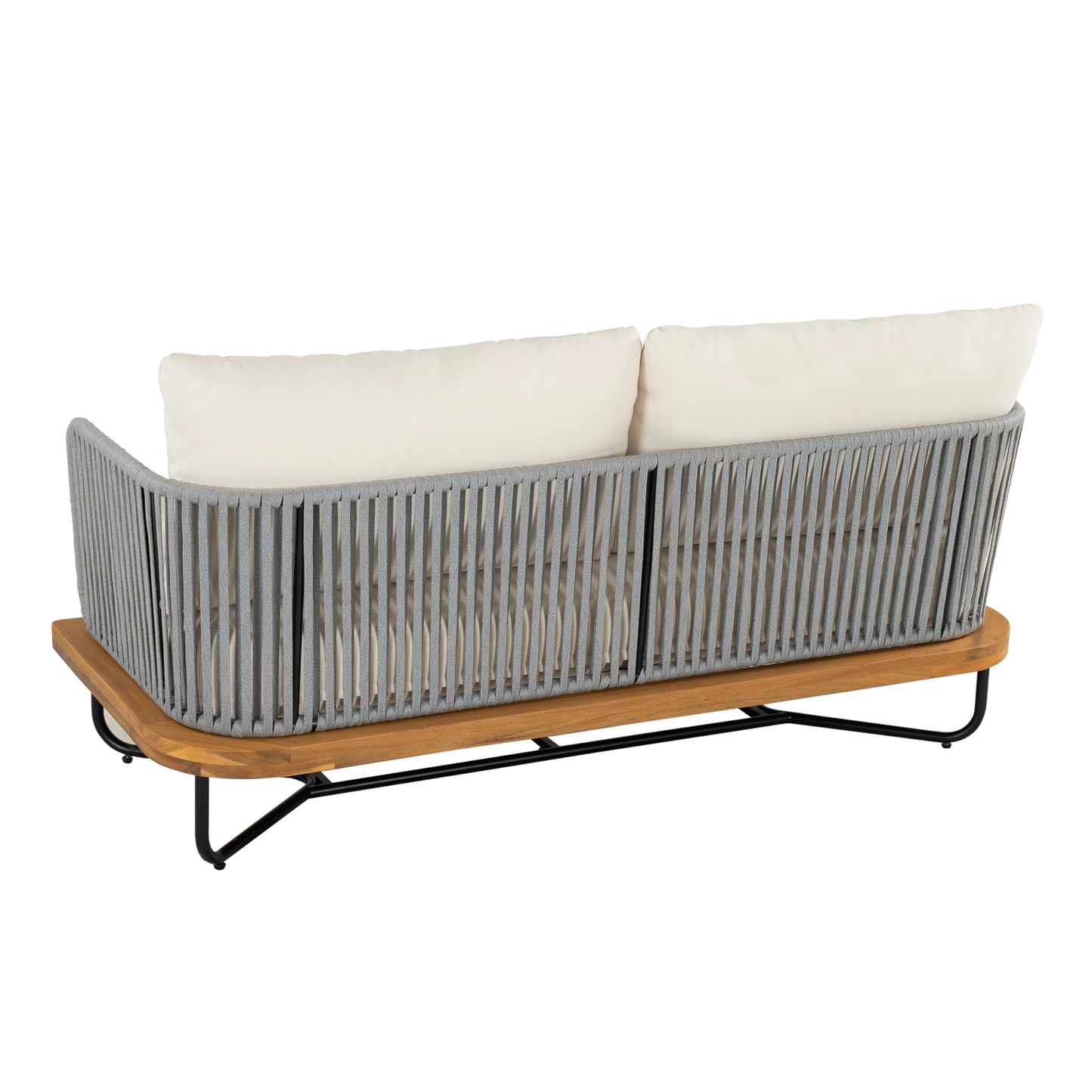 Merax 2 Piece Patio Outdoor Furniture Set, All-Weather Acacia Wood Loveseat Sofa with Cushions, 1 Coffee Table with Sturdy Base for Porch, Lawn, Backyard, Balcony, Beige+Gray